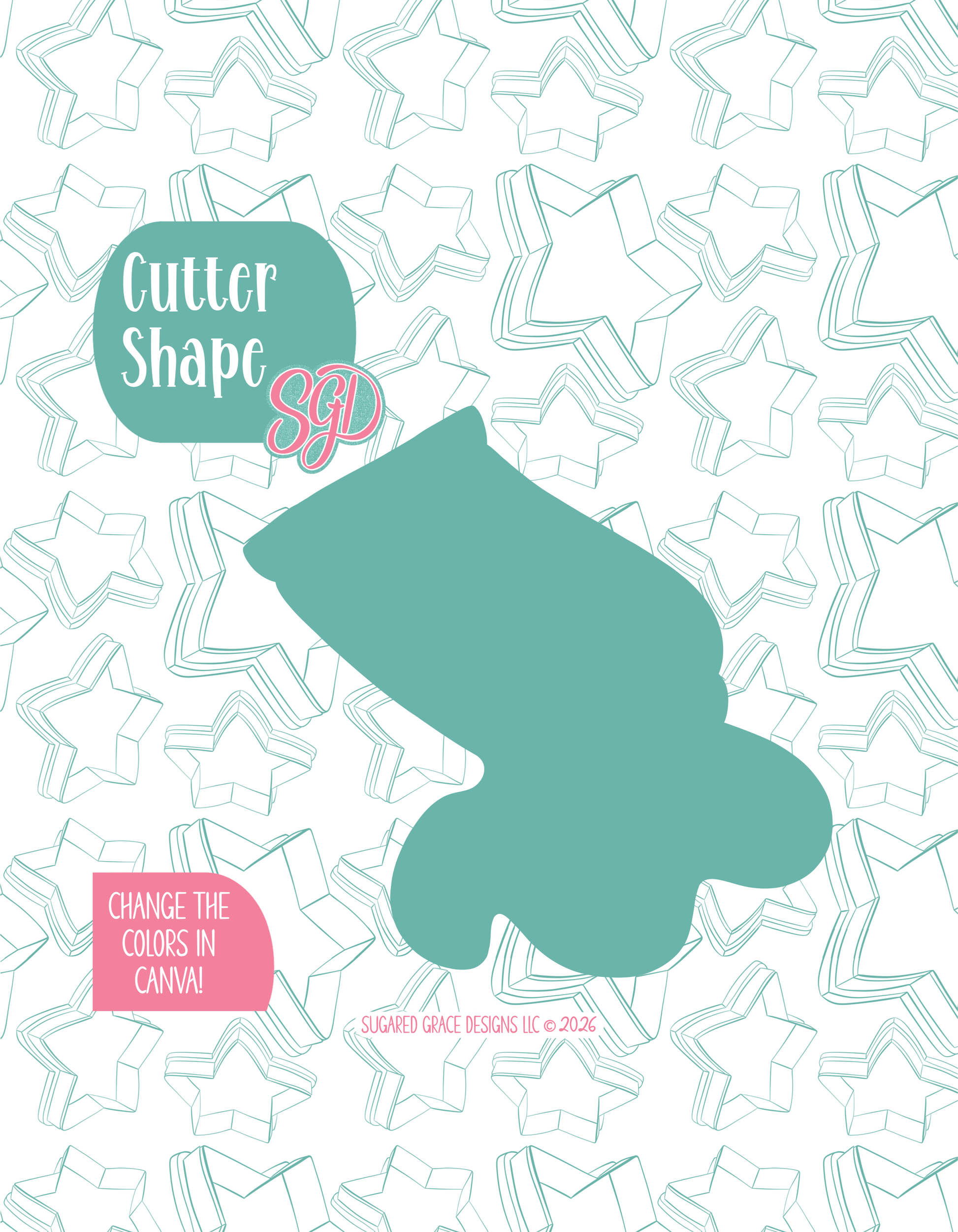 Solid teal silhouette showing the exact outer shape of the paint tube cookie cutter, displayed on a background watermarked with Sugared Grace Design’s teal star pattern