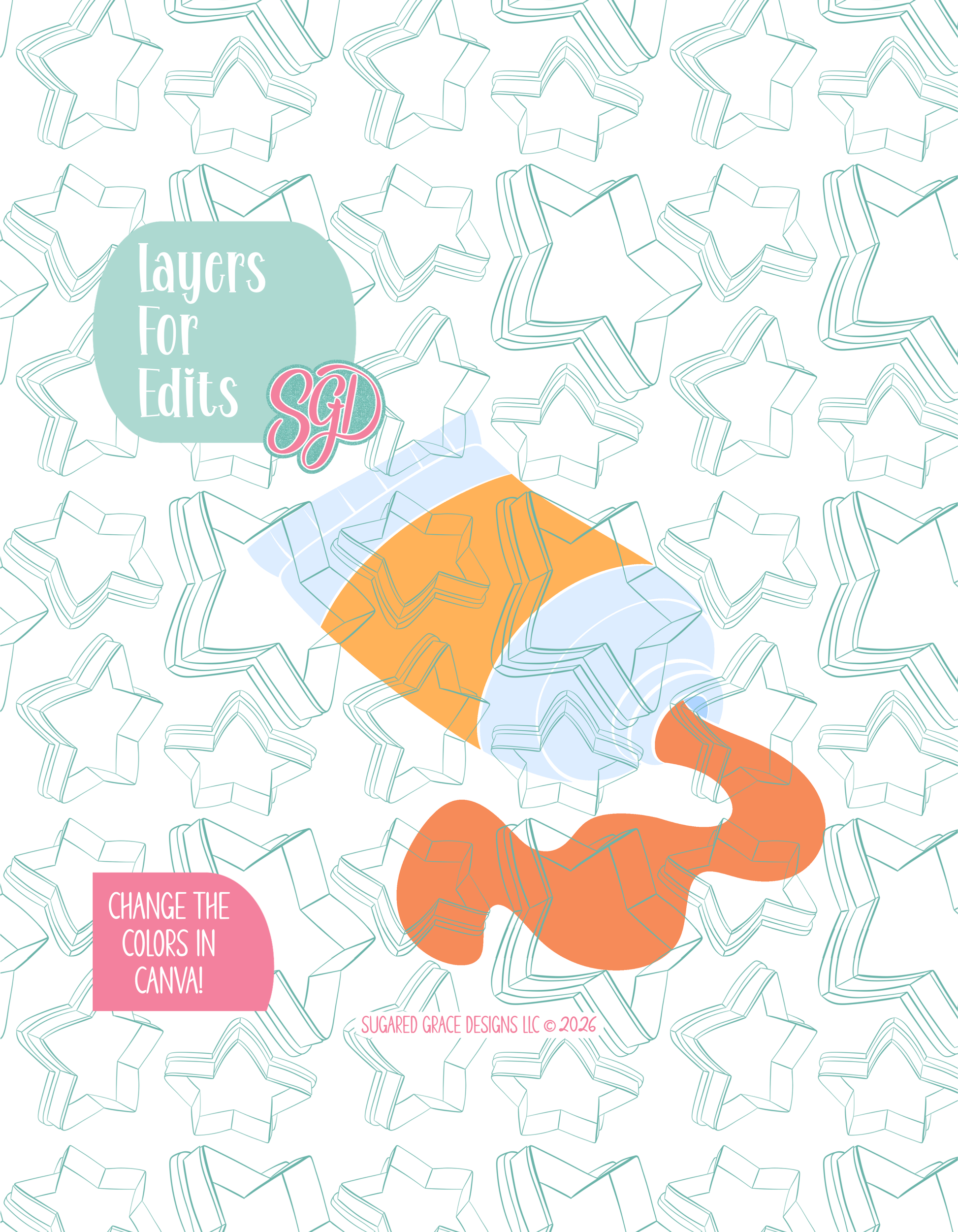 Colored layer breakdown of the paint tube showing each section in a different color, with every color representing a separate editable layer in Canva. Displayed on a background watermarked with Sugared Grace Designs’ teal star pattern