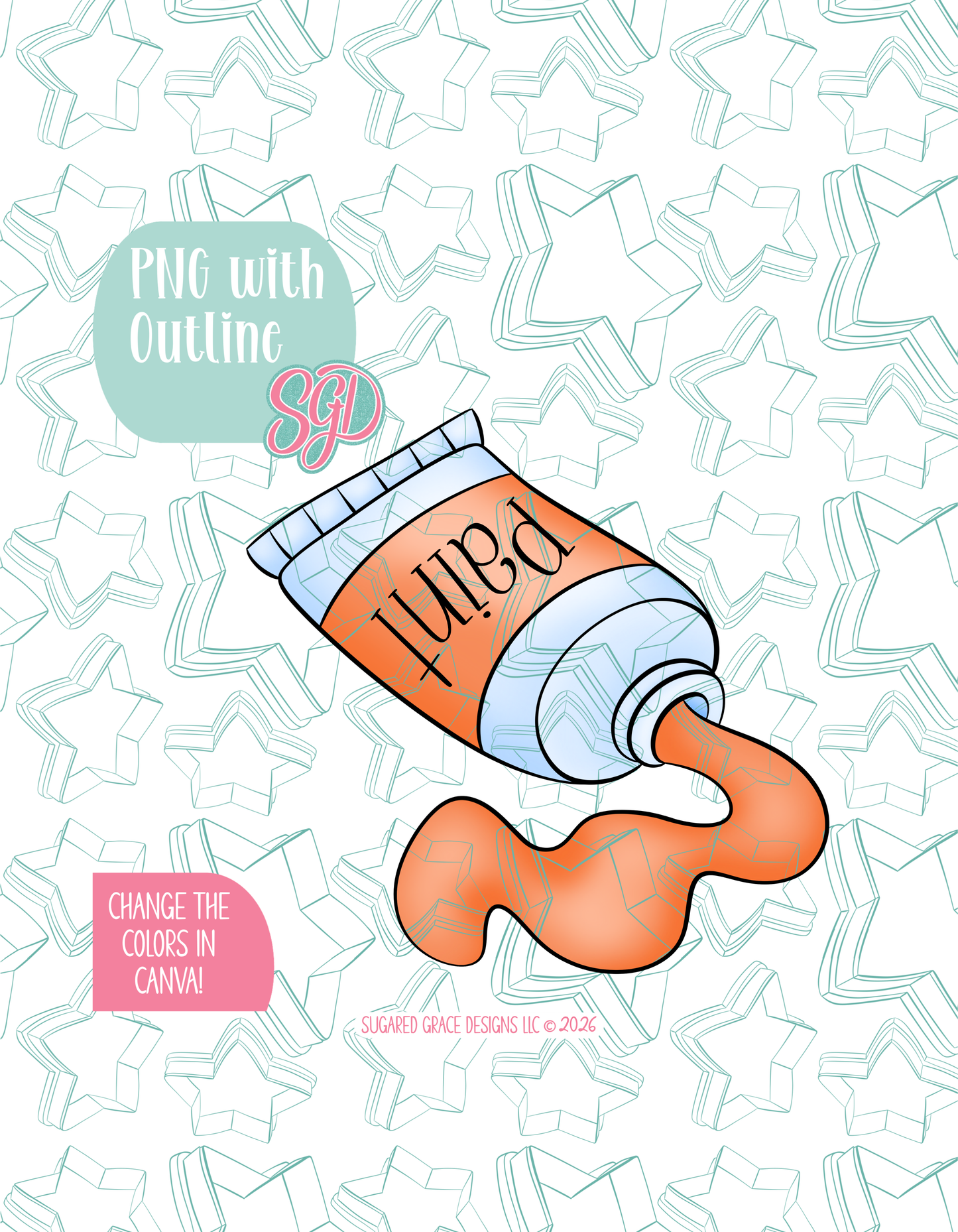 Full color illustrated paint tube, shown with a black outline on a background watermarked with Sugared Grace Designs’ teal star pattern