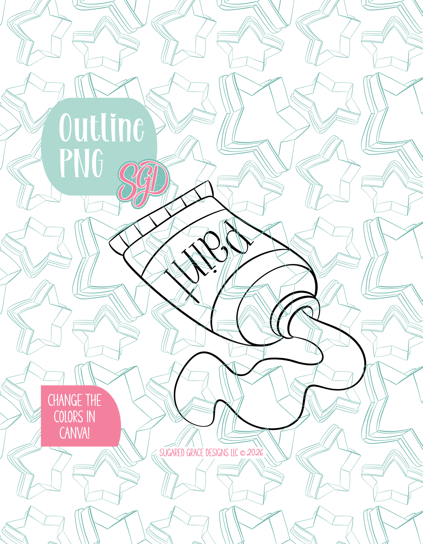 Black line outline drawing of the paint tube, displayed on a background watermarked with Sugared Grace Designs’ teal star pattern