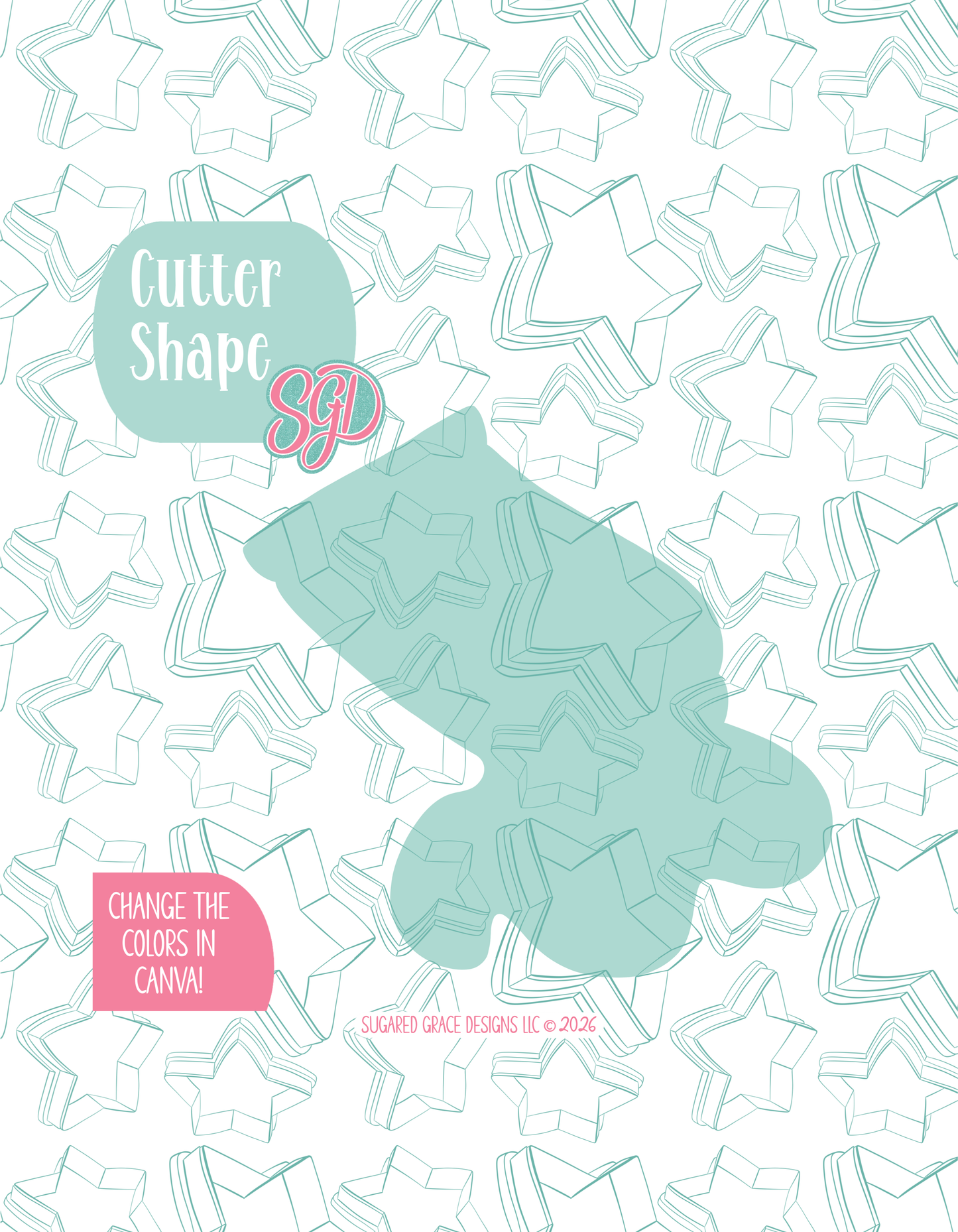 Solid teal silhouette showing the exact outer shape of the paint tube cookie cutter, displayed on a background watermarked with Sugared Grace Design’s teal star pattern