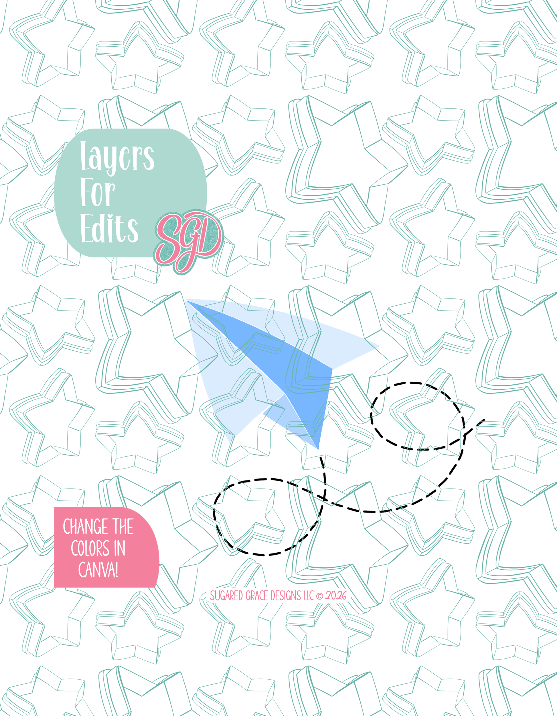 Colored layer breakdown of the paper airplane showing each section in a different color, with every color representing a separate editable layer in Canva. Displayed on a background watermarked with Sugared Grace Designs’ teal star pattern
