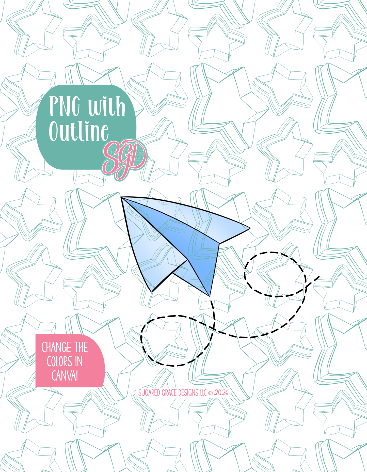 Full color illustrated paper airplane, shown with a black outline on a background watermarked with Sugared Grace Designs’ teal star pattern
