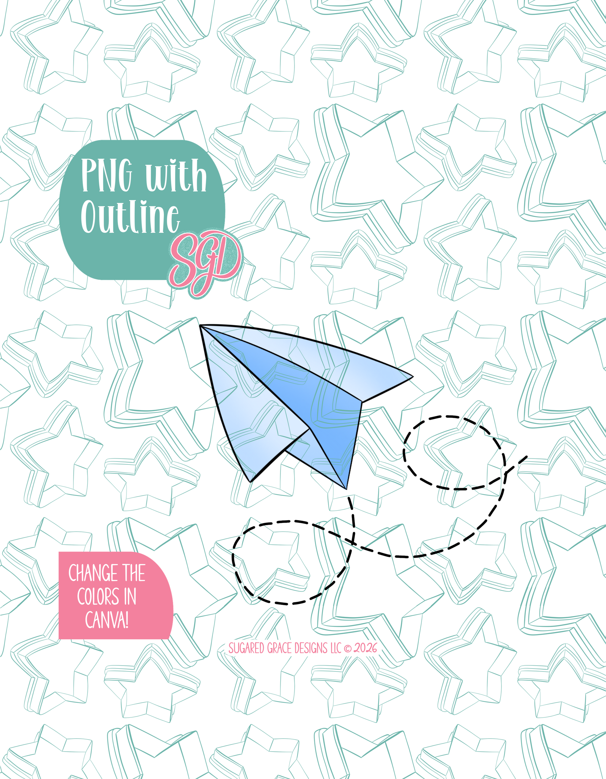 Full color illustrated paper airplane, shown with a black outline on a background watermarked with Sugared Grace Designs’ teal star pattern