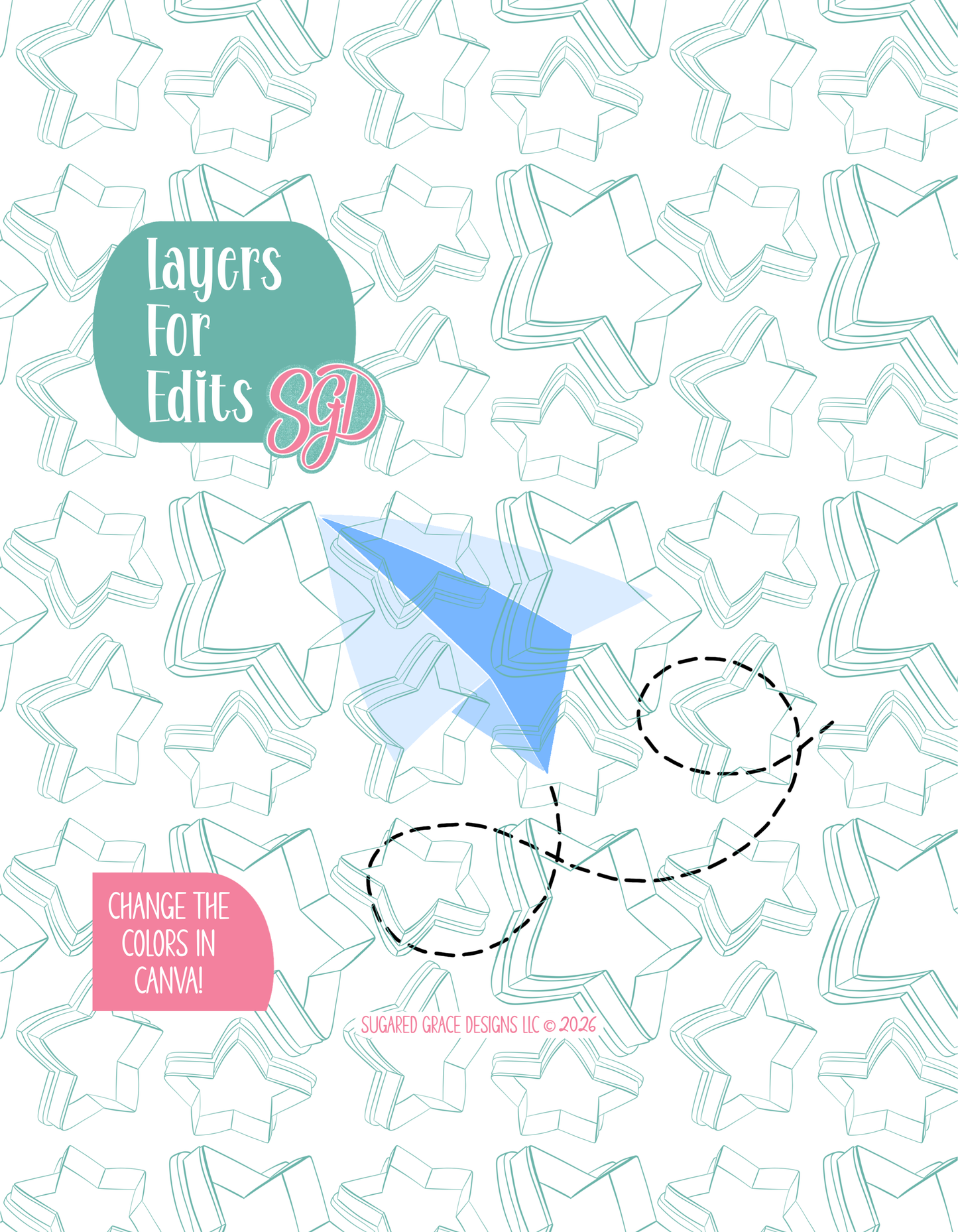 Colored layer breakdown of the paper airplane showing each section in a different color, with every color representing a separate editable layer in Canva. Displayed on a background watermarked with Sugared Grace Designs’ teal star pattern