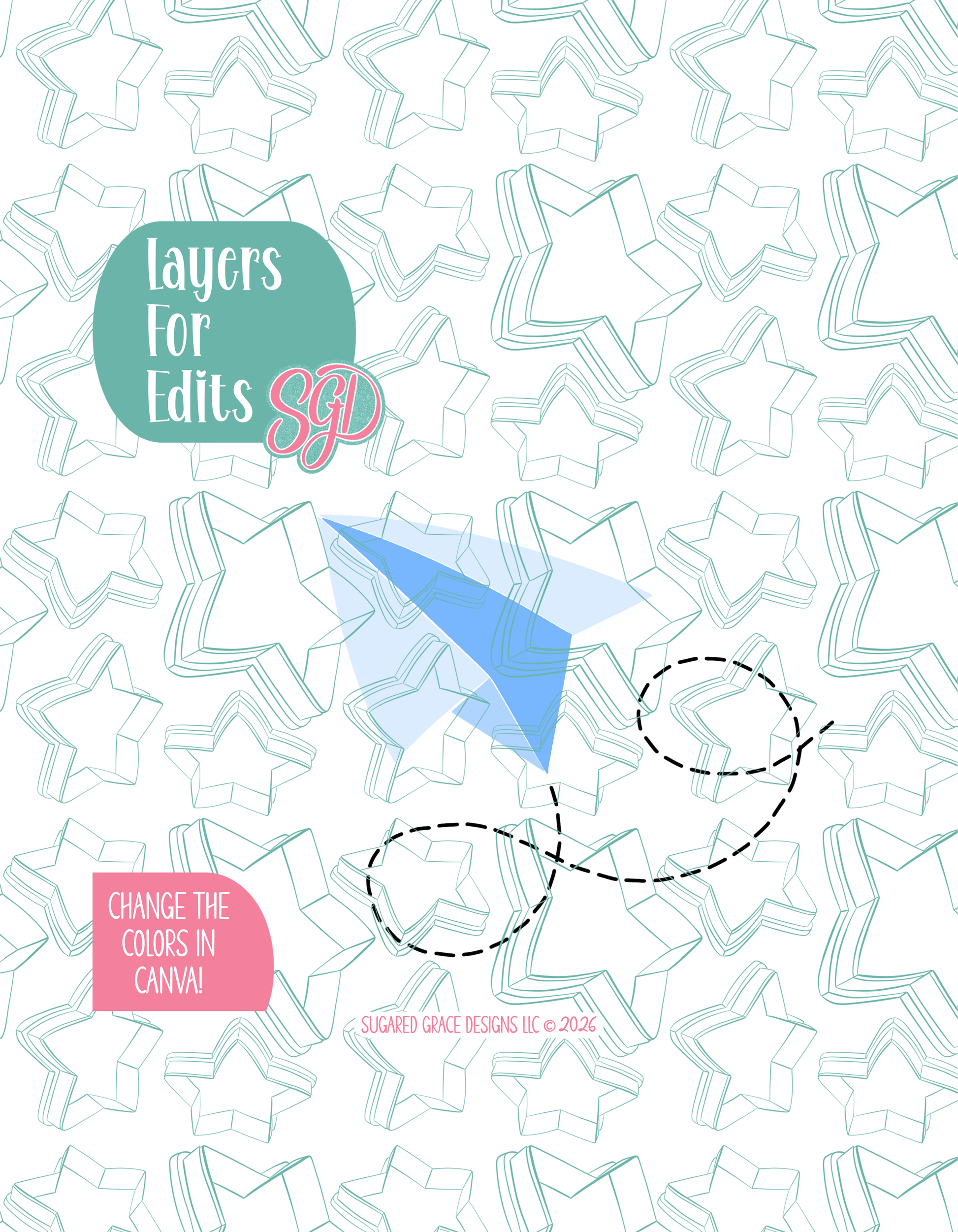 Colored layer breakdown of the paper airplane showing each section in a different color, with every color representing a separate editable layer in Canva. Displayed on a background watermarked with Sugared Grace Designs’ teal star pattern