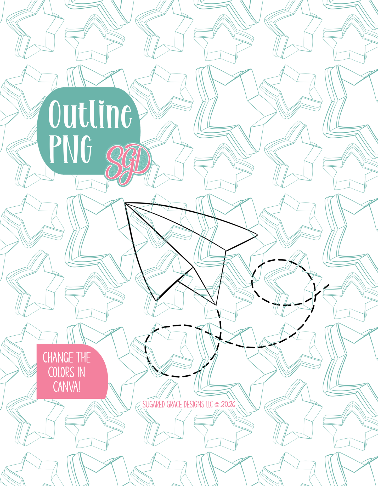 Black line outline drawing of the paper airplane, displayed on a background watermarked with Sugared Grace Designs’ teal star pattern