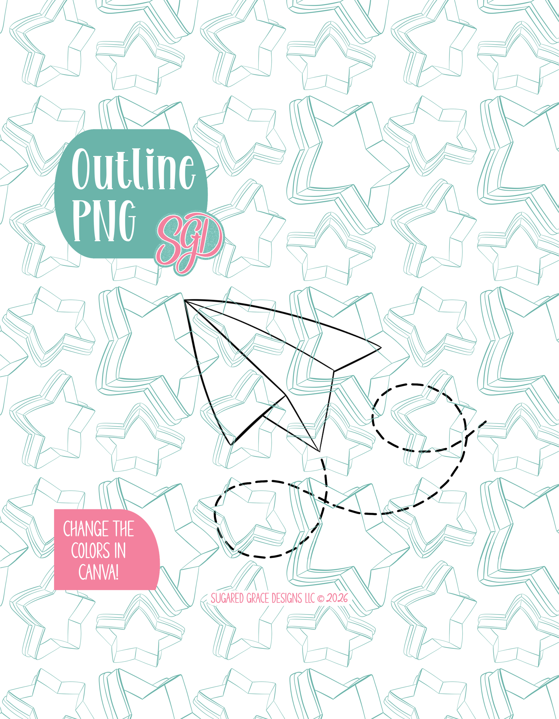 Black line outline drawing of the paper airplane, displayed on a background watermarked with Sugared Grace Designs’ teal star pattern