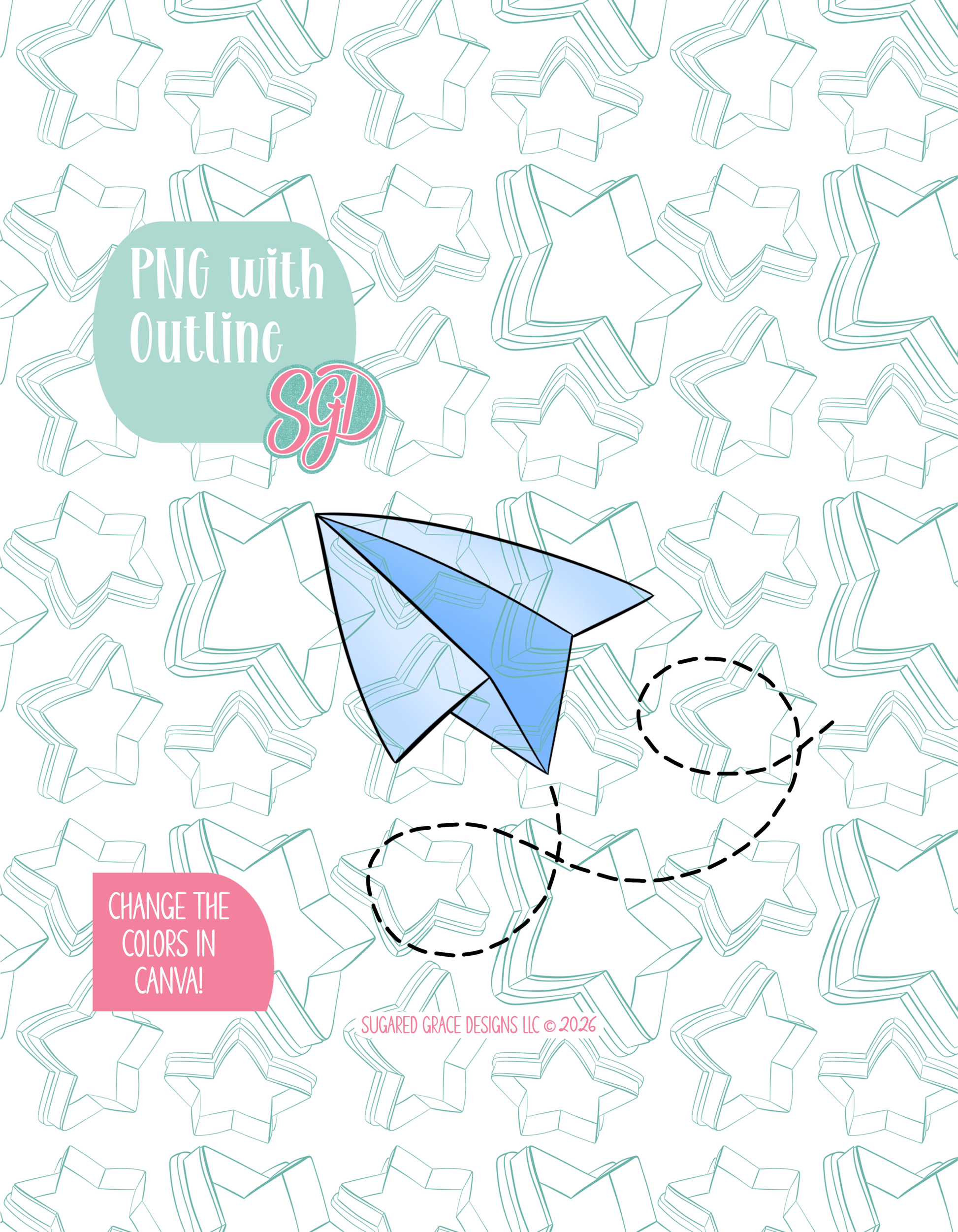 Full color illustrated paper airplane, shown with a black outline on a background watermarked with Sugared Grace Designs’ teal star pattern