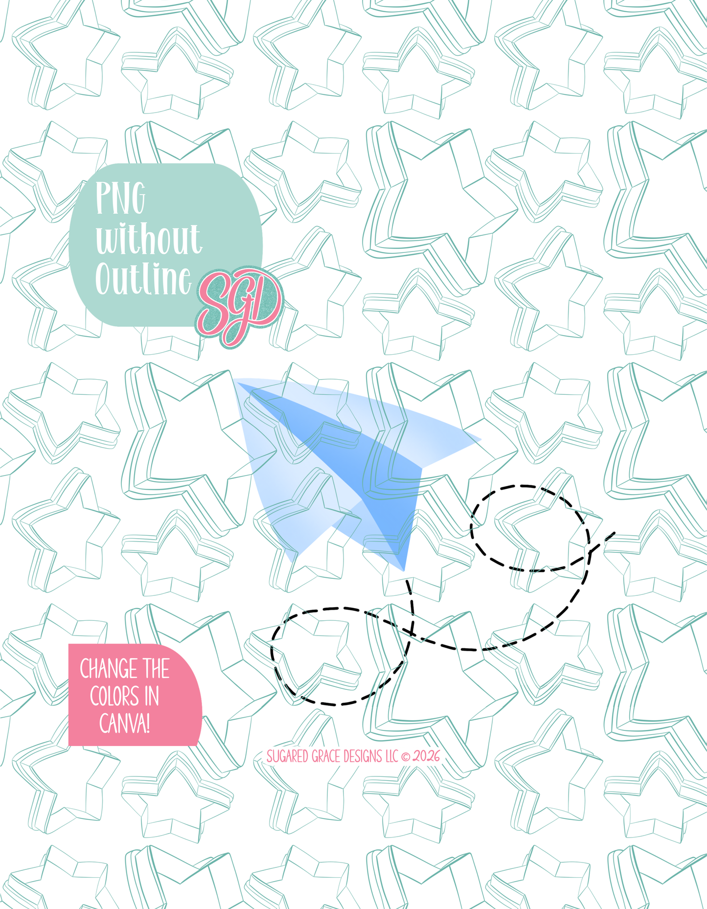 Full color version of the illustrated paper airplane, shown without black outlines on a background watermarked with Sugared Grace Designs’ tag star pattern