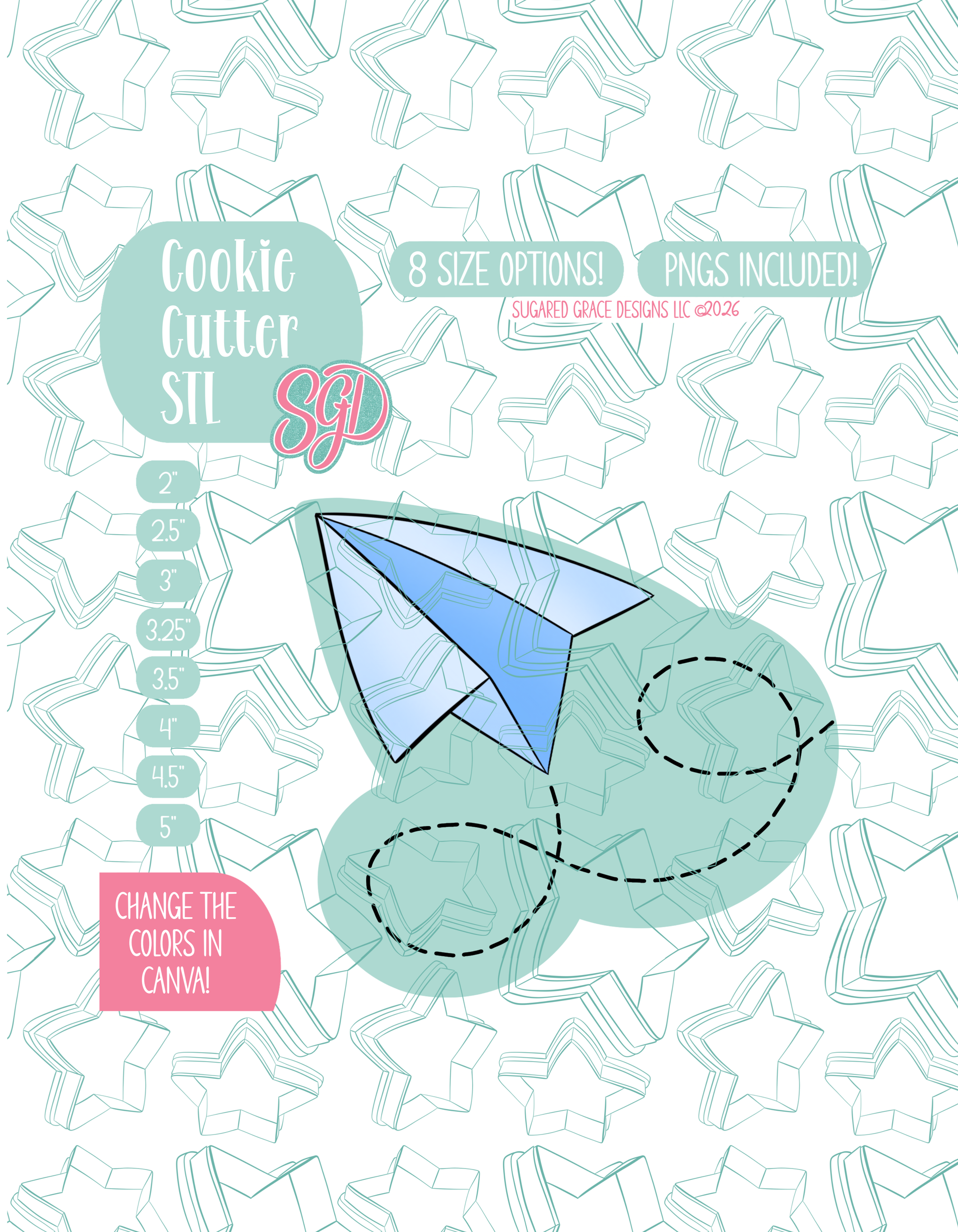 Illustrated paper airplane, displayed on a background watermarked with a teal star pattern representing Sugared Grace Design’s brand. Text explains that the listing includes a paper airplane STL cookie cutter in multiple sizes plus editable PNG files.