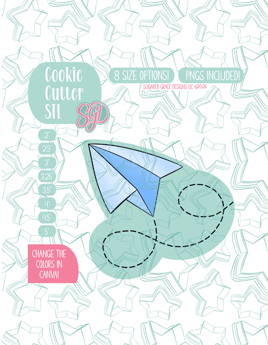 Illustrated paper airplane, displayed on a background watermarked with a teal star pattern representing Sugared Grace Design’s brand. Text explains that the listing includes a paper airplane STL cookie cutter in multiple sizes plus editable PNG files.