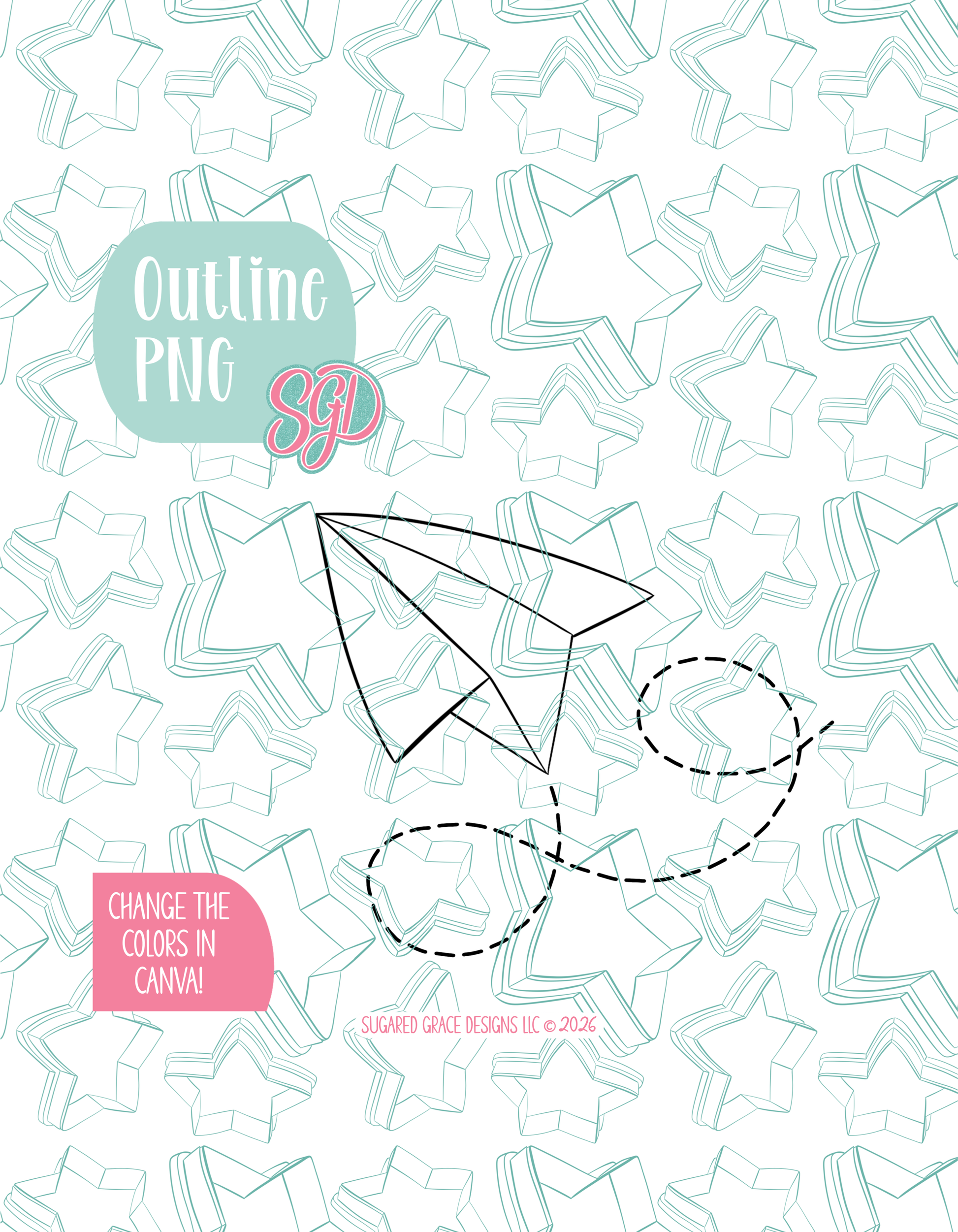 Black line outline drawing of the paper airplane, displayed on a background watermarked with Sugared Grace Designs’ teal star pattern