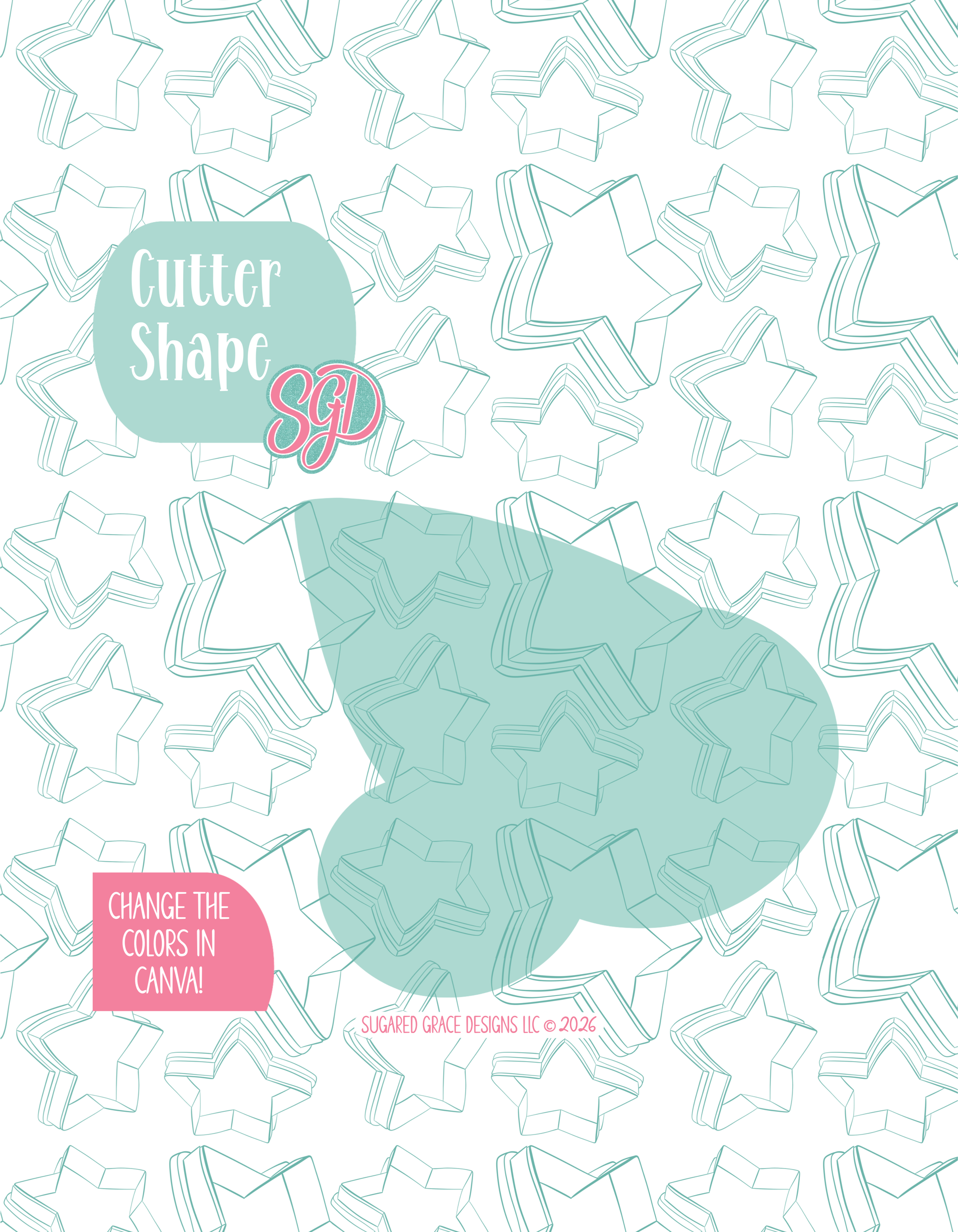 Solid teal silhouette showing the exact outer shape of the paper airplane cookie cutter, displayed on a background watermarked with Sugared Grace Design’s teal star pattern