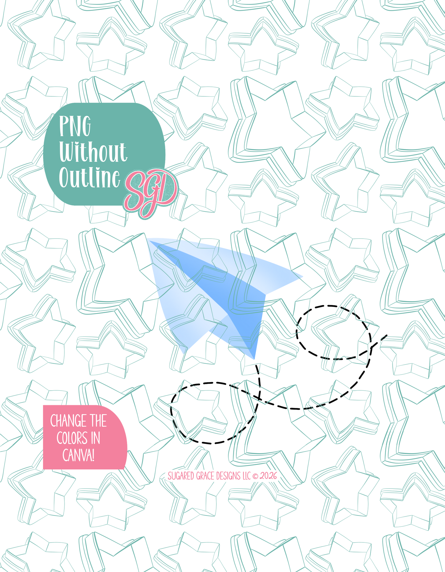 Full color version of the illustrated paper airplane, shown without black outlines on a background watermarked with Sugared Grace Designs’ tag star pattern