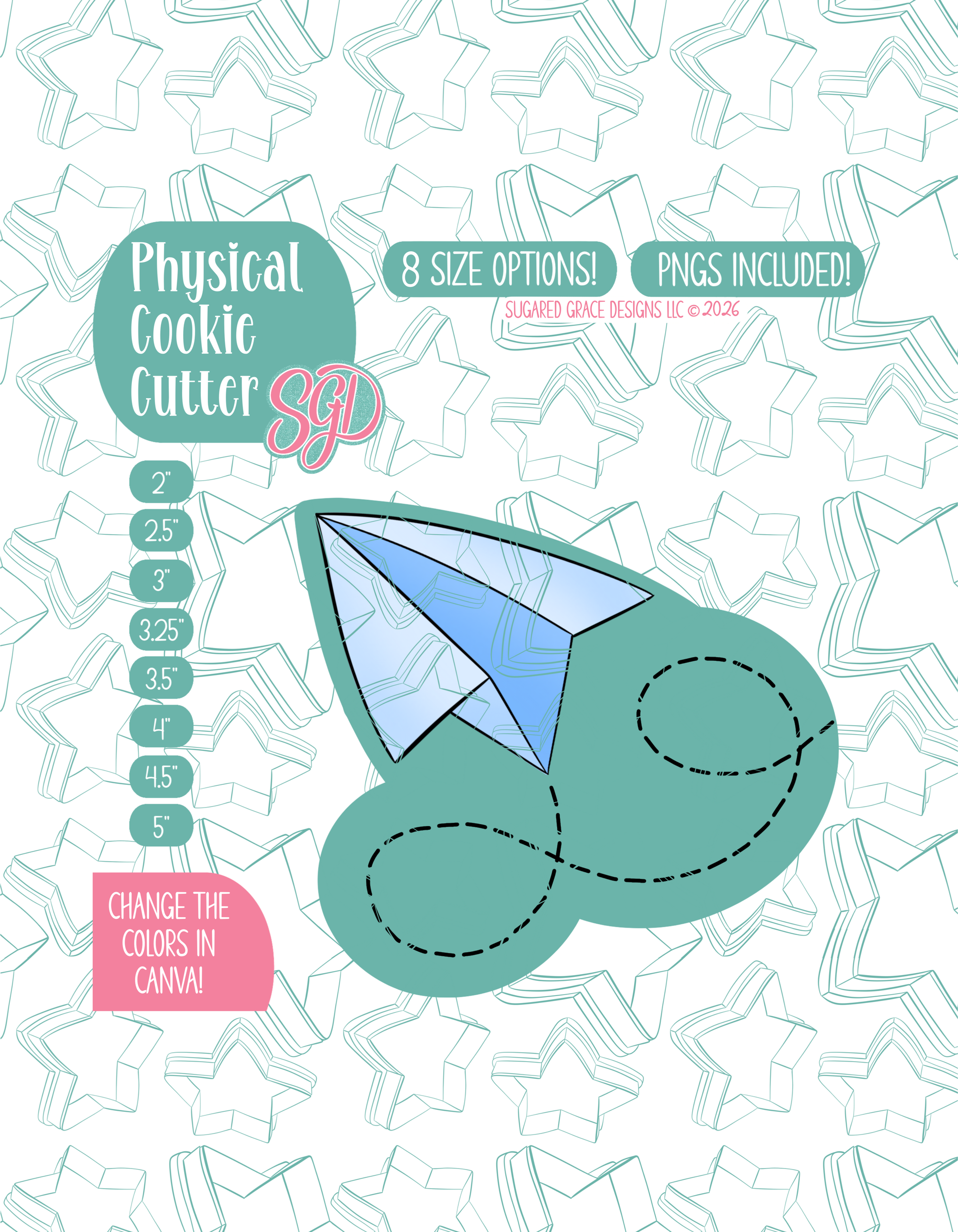 Illustrated paper airplane, displayed on a background watermarked with a teal star pattern representing Sugared Grace Design’s brand. Text explains that the listing includes a paper airplane STL cookie cutter in multiple sizes plus editable PNG files.