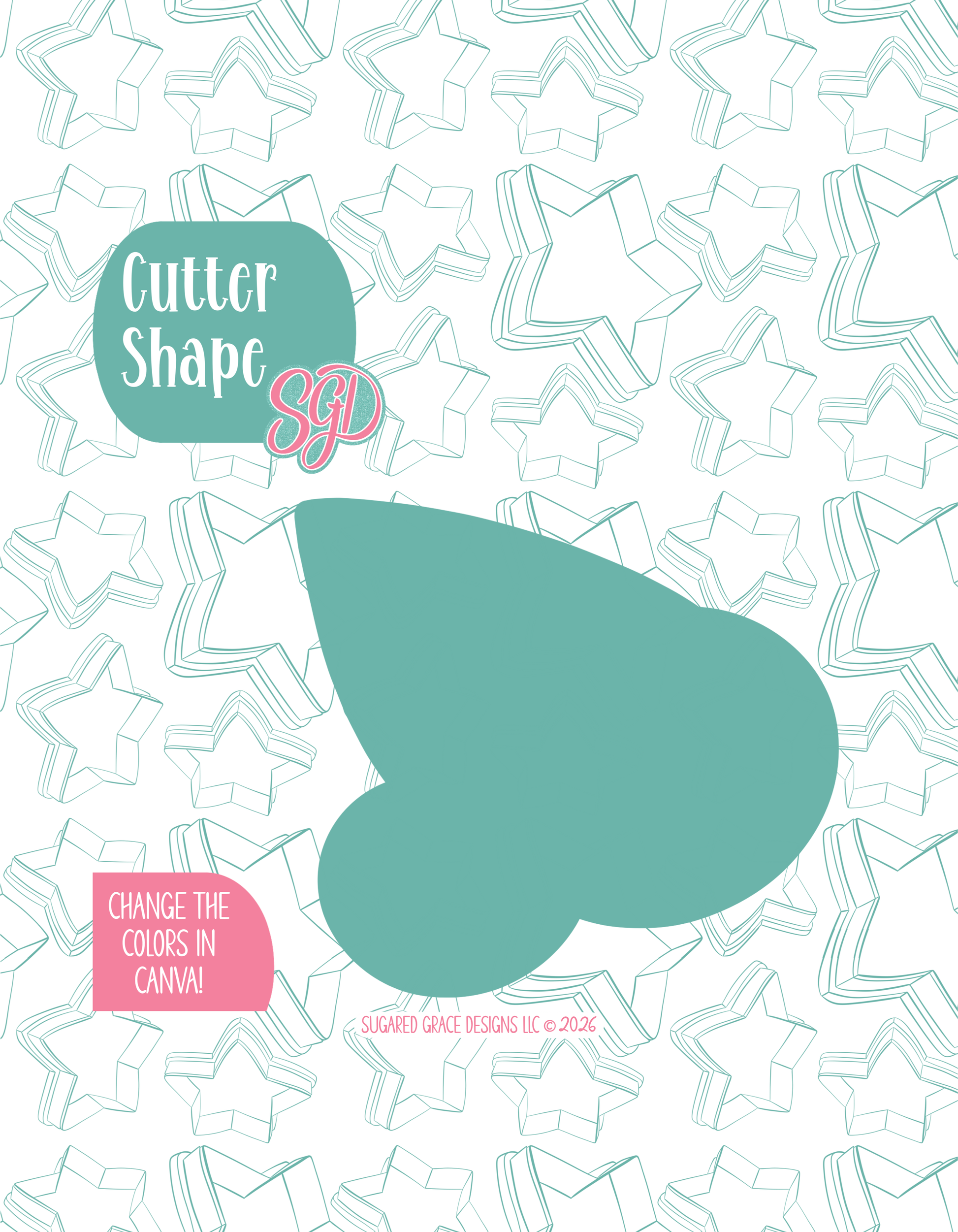 Solid teal silhouette showing the exact outer shape of the paper airplane cookie cutter, displayed on a background watermarked with Sugared Grace Design’s teal star pattern