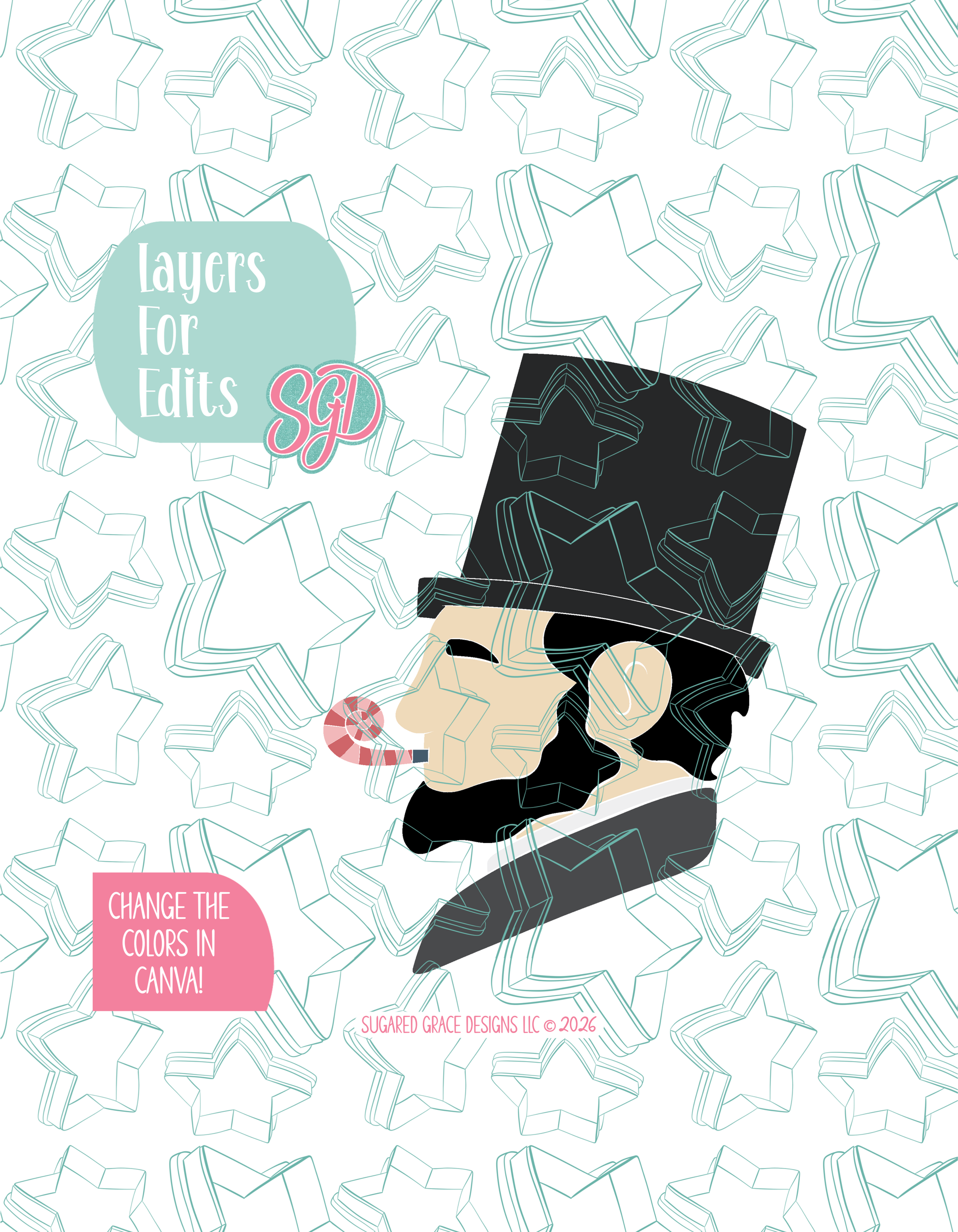Colored layer breakdown of the Party Abe showing each section in a different color, with every color representing a separate editable layer in Canva. Displayed on a background watermarked with Sugared Grace Designs’ teal star pattern