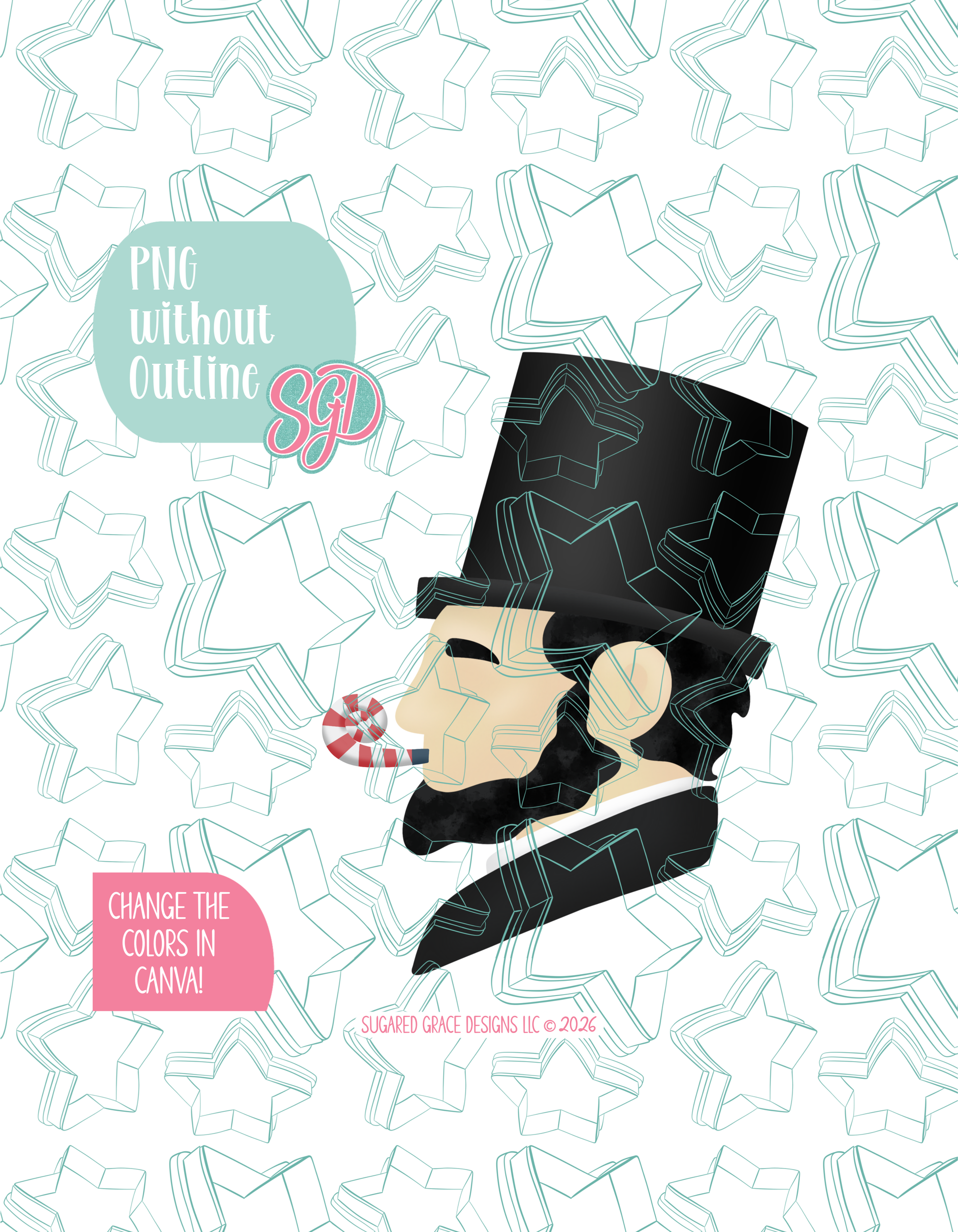 Full color version of the illustrated Party Abe, shown without black outlines on a background watermarked with Sugared Grace Designs’ tag star pattern