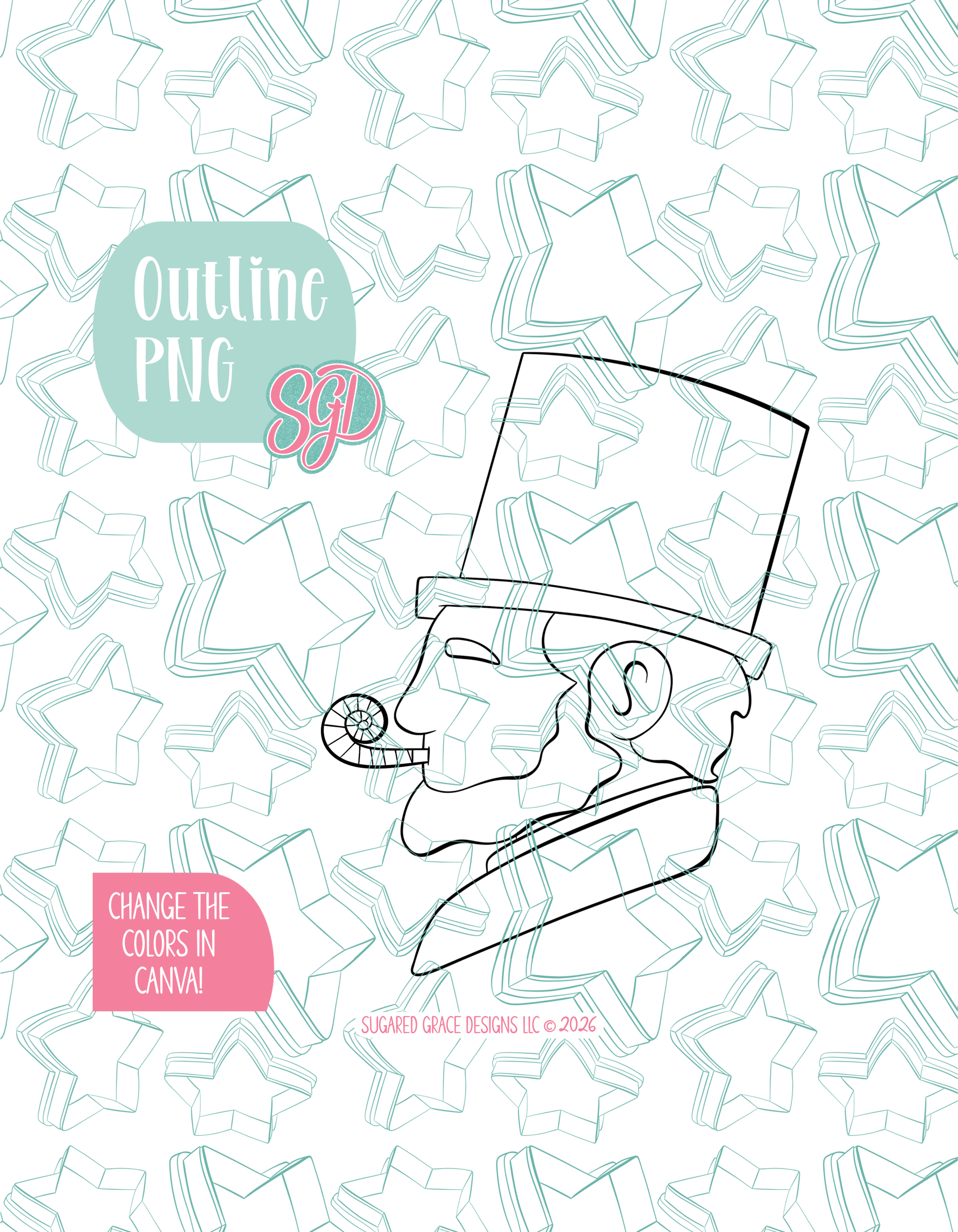 Black line outline drawing of the Party Abe, displayed on a background watermarked with Sugared Grace Designs’ teal star pattern