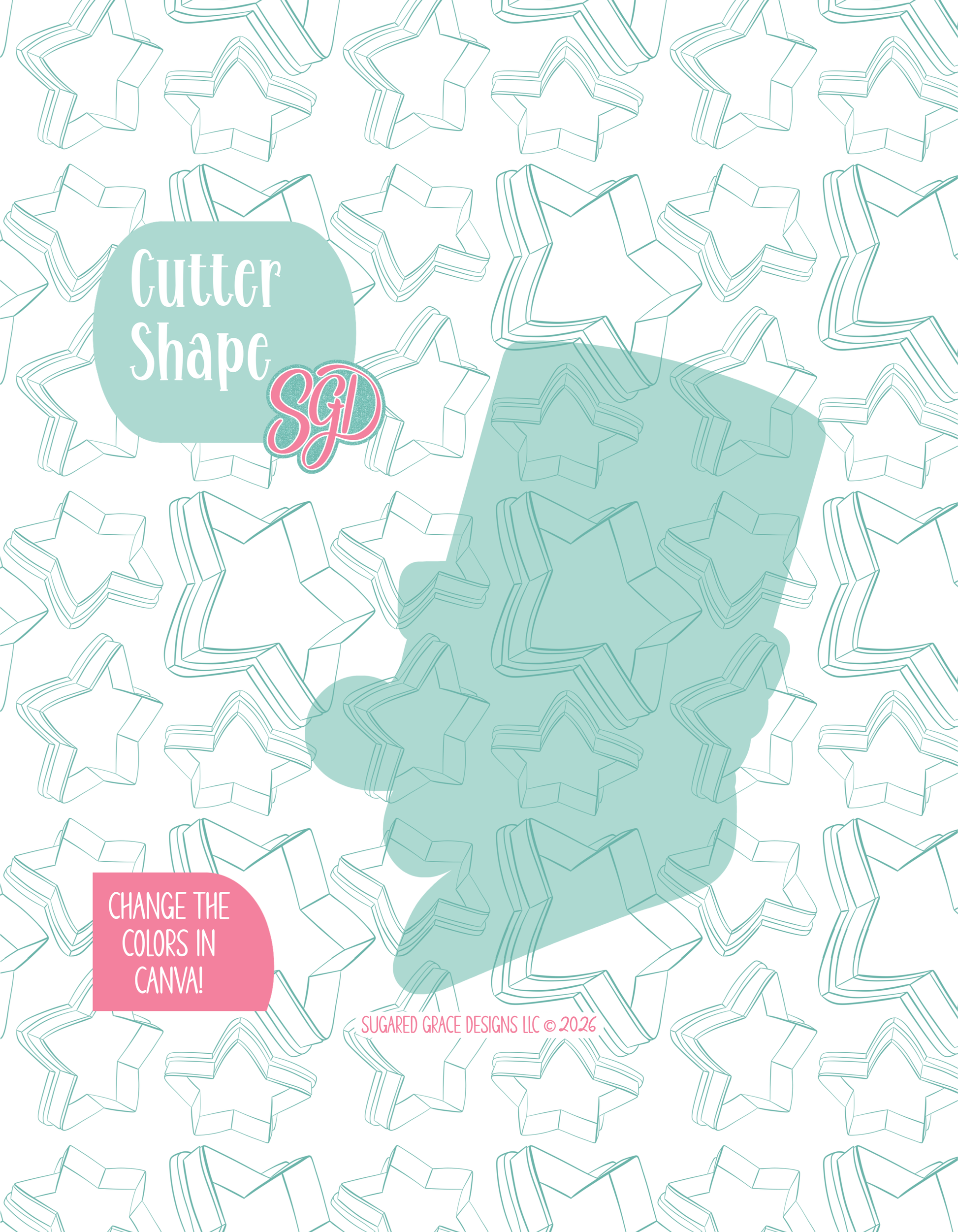 Solid teal silhouette showing the exact outer shape of the Party Abe cookie cutter, displayed on a background watermarked with Sugared Grace Design’s teal star pattern