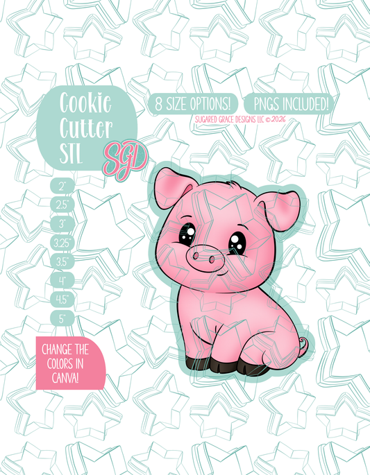 Illustrated pig, displayed on a background watermarked with a teal star pattern representing Sugared Grace Design’s brand. Text explains that the listing includes a pig, STL cookie cutter in multiple sizes plus editable PNG files.
