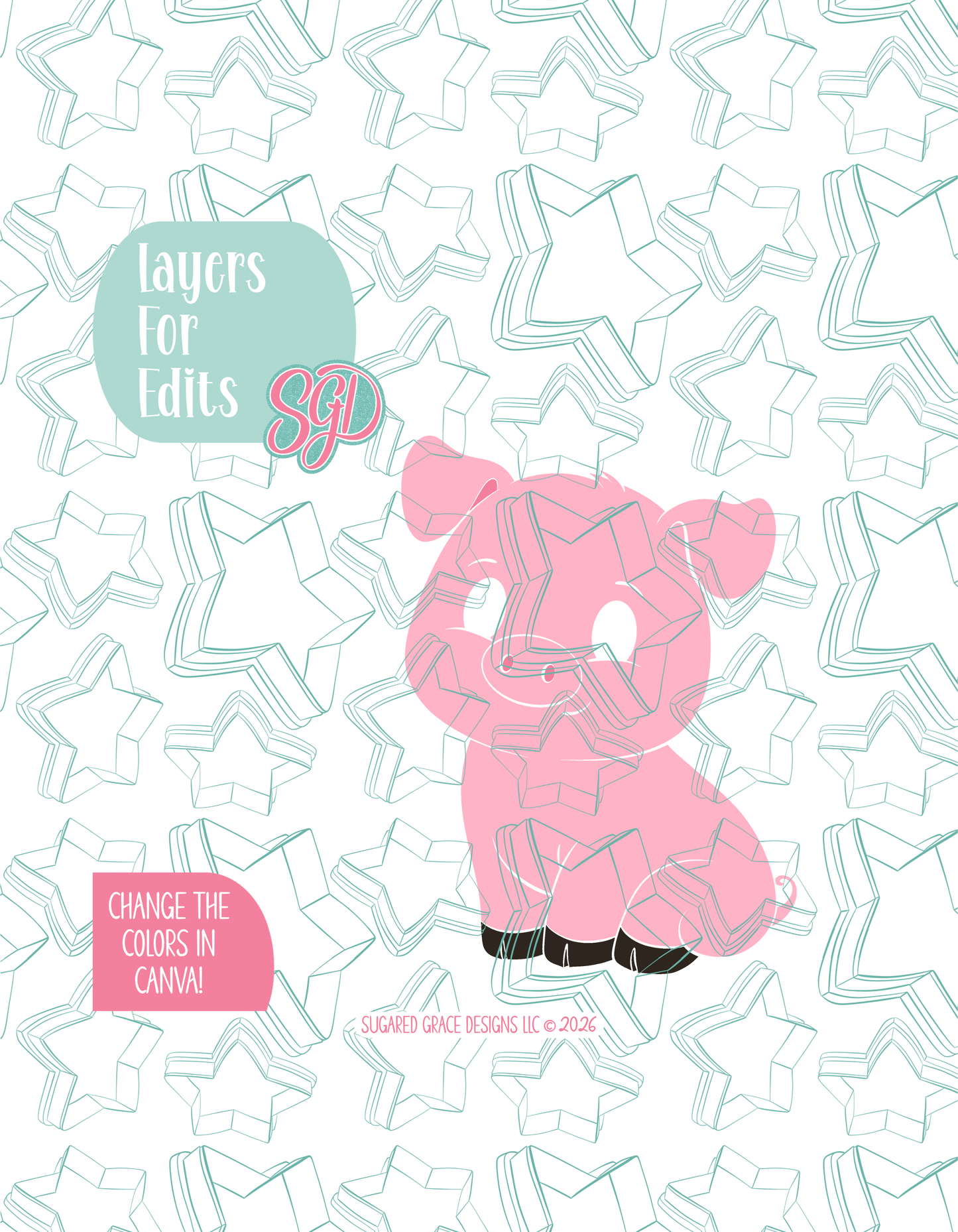 Colored layer breakdown of the pig, showing each section in a different color, with every color representing a separate editable layer in Canva. Displayed on a background watermarked with Sugared Grace Designs’ teal star pattern