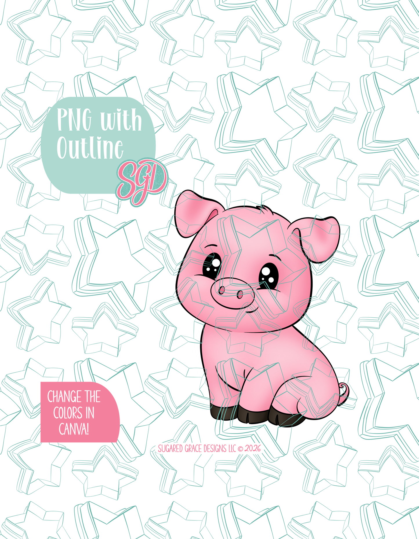 Full color illustrated pig, shown with a black outline on a background watermarked with Sugared Grace Designs’ teal star pattern