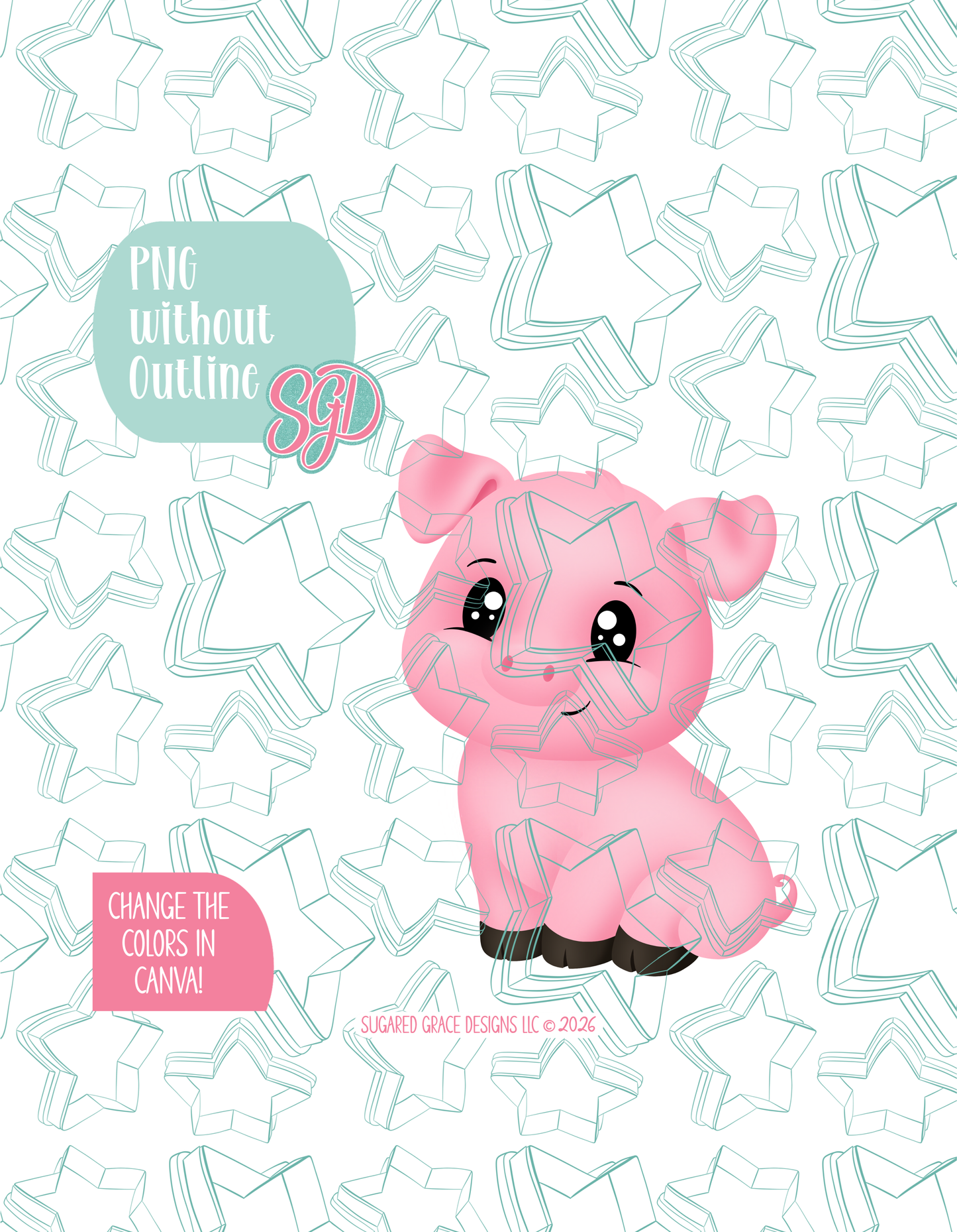 Full color version of the illustrated pig, shown without black outlines on a background watermarked with Sugared Grace Designs’ tag star pattern