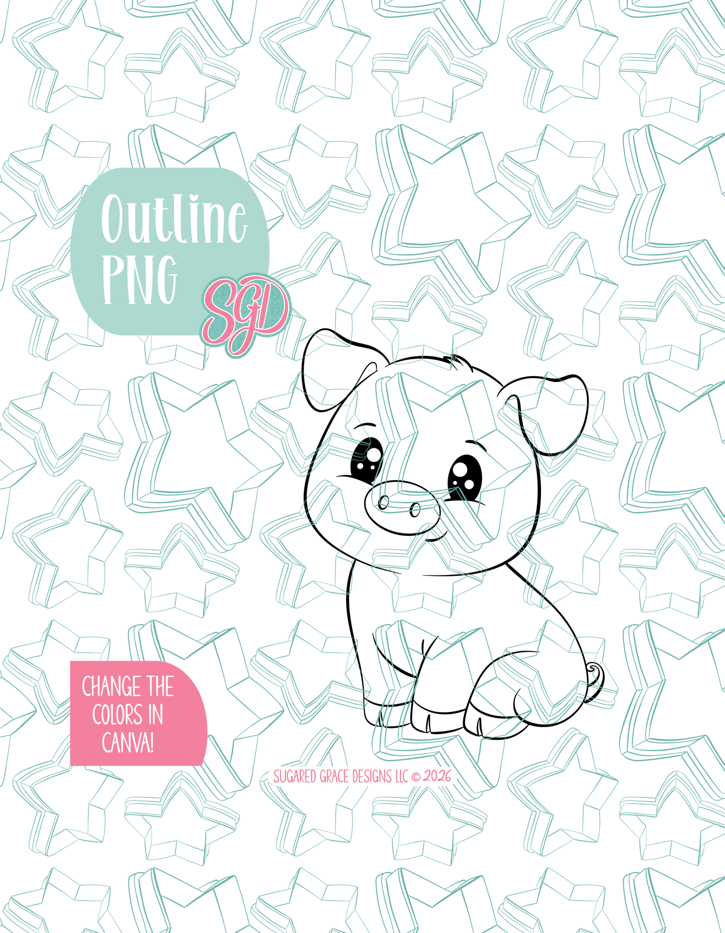 Black line outline drawing of the pig, displayed on a background watermarked with Sugared Grace Designs’ teal star pattern