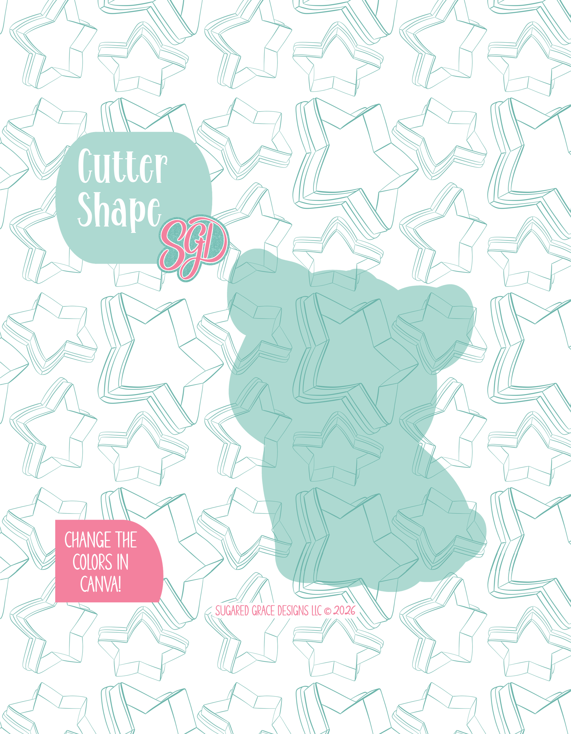 Solid teal silhouette showing the exact outer shape of the pig, cookie cutter, displayed on a background watermarked with Sugared Grace Design’s teal star pattern