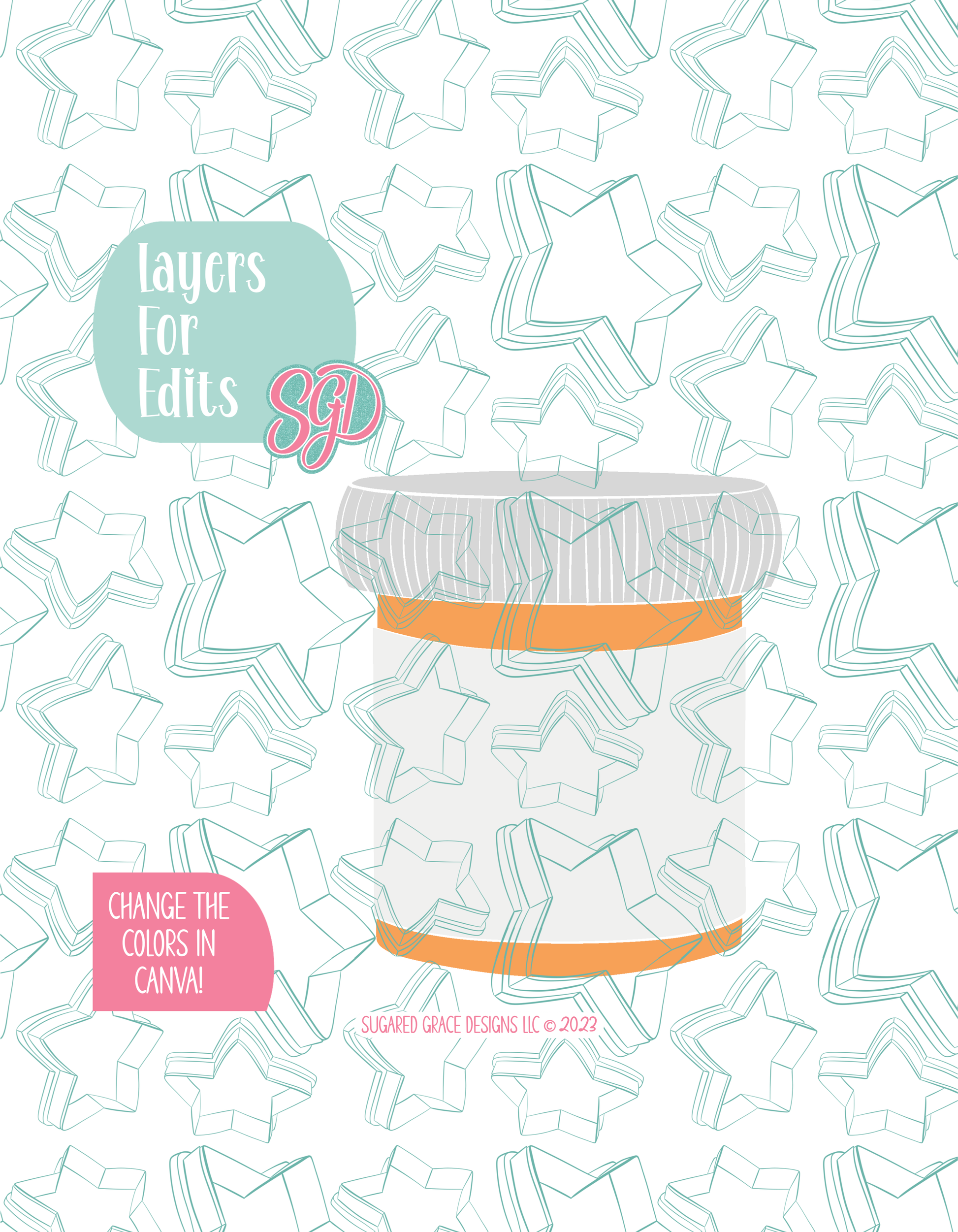 Colored layer breakdown of the pill bottle showing each section in a different color, with every color representing a separate editable layer in Canva. Displayed on a background watermarked with Sugared Grace Designs’ teal star pattern
