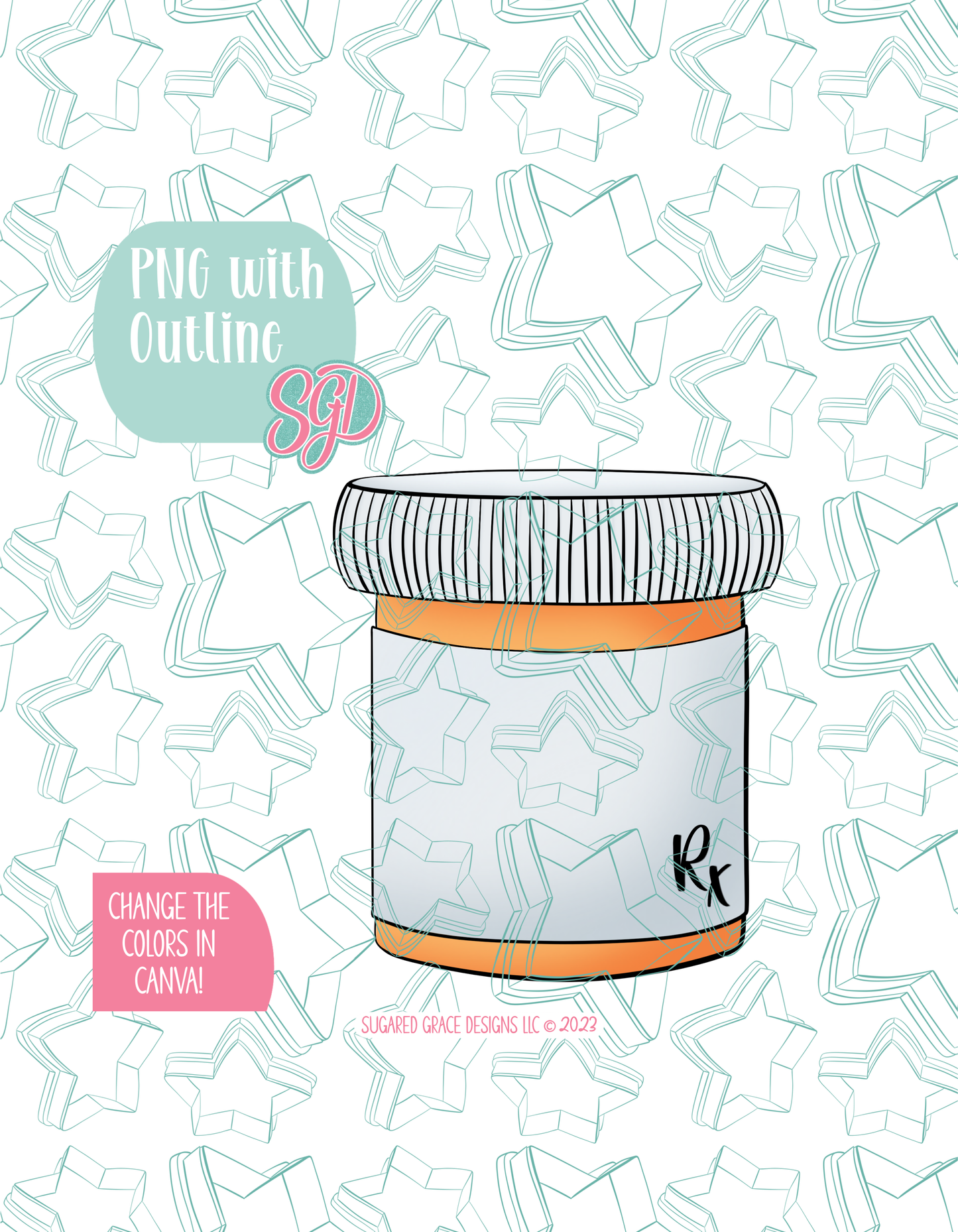 Full color illustrated pill bottle, shown with a black outline on a background watermarked with Sugared Grace Designs’ teal star pattern