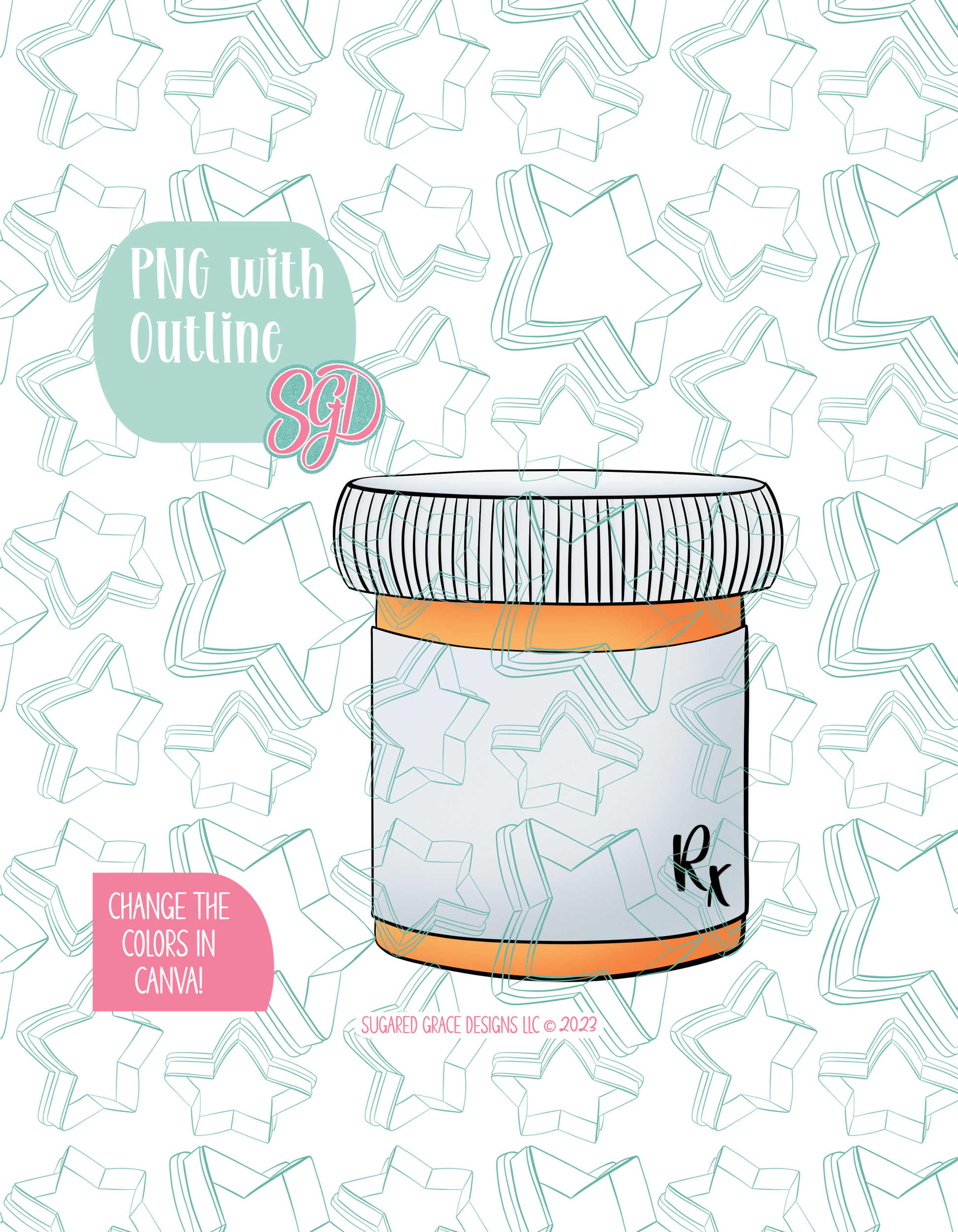 Full color illustrated pill bottle, shown with a black outline on a background watermarked with Sugared Grace Designs’ teal star pattern