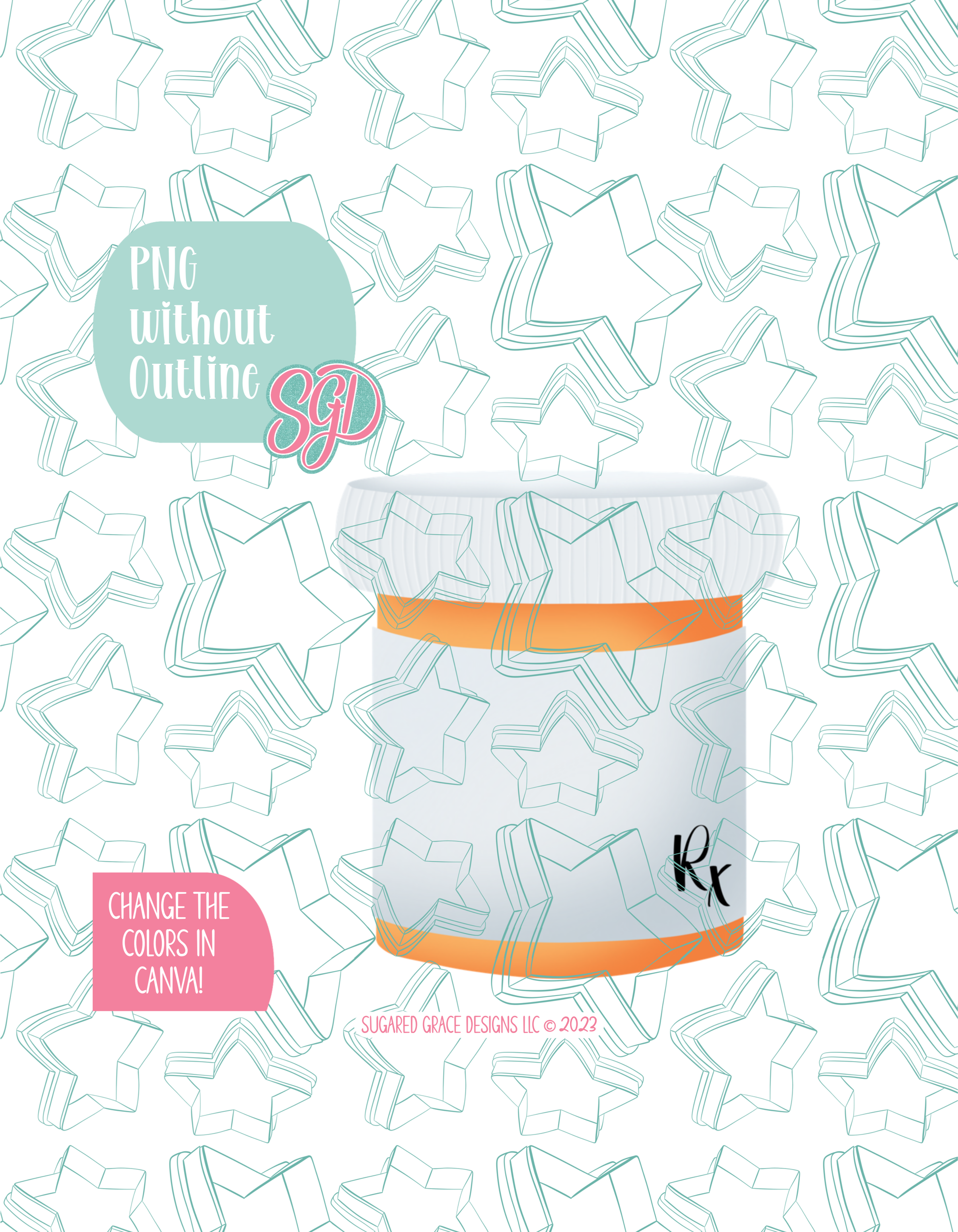 Full color version of the illustrated pill bottle, shown without black outlines on a background watermarked with Sugared Grace Designs’ tag star pattern