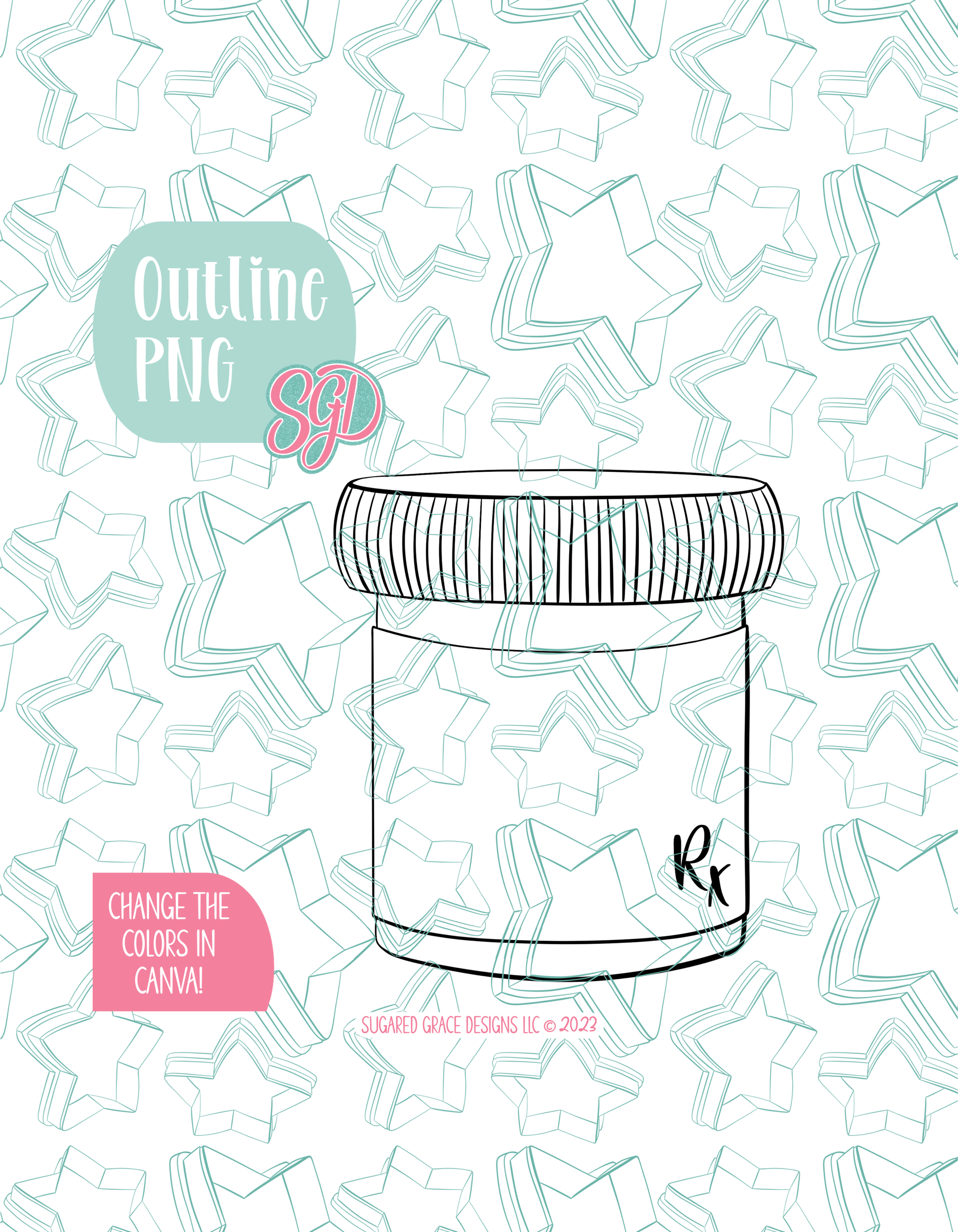 Black line outline drawing of the pill bottle, displayed on a background watermarked with Sugared Grace Designs’ teal star pattern