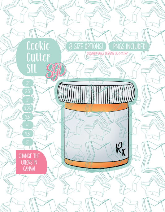 Illustrated pill bottle, displayed on a background watermarked with a teal star pattern representing Sugared Grace Design’s brand. Text explains that the listing includes a pill bottle STL cookie cutter in multiple sizes plus editable PNG files.