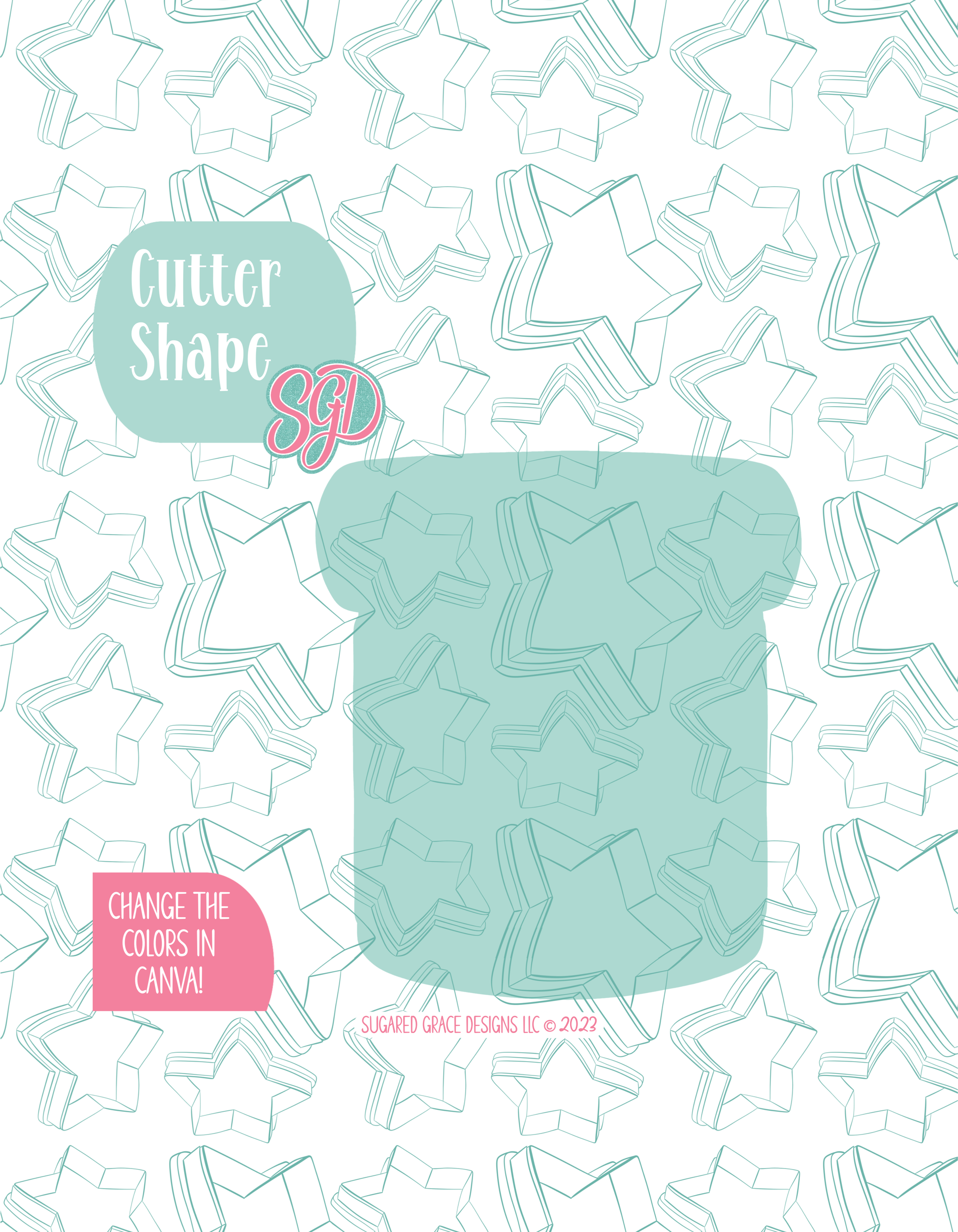 Solid teal silhouette showing the exact outer shape of the pill bottle cookie cutter, displayed on a background watermarked with Sugared Grace Design’s teal star pattern
