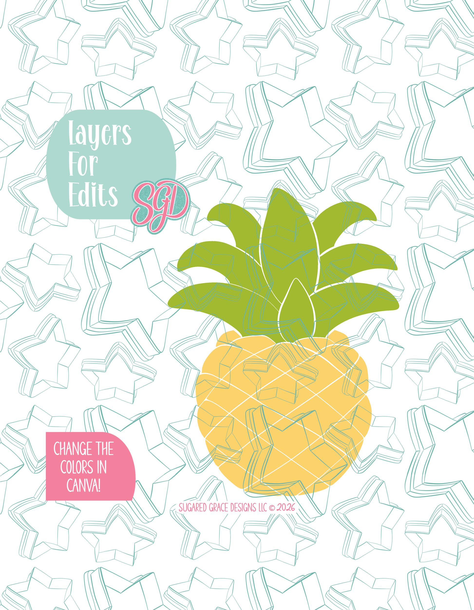 Full color version of the illustrated Pineapple, shown without black outlines on a background watermarked with Sugared Grace Designs’ tag star pattern