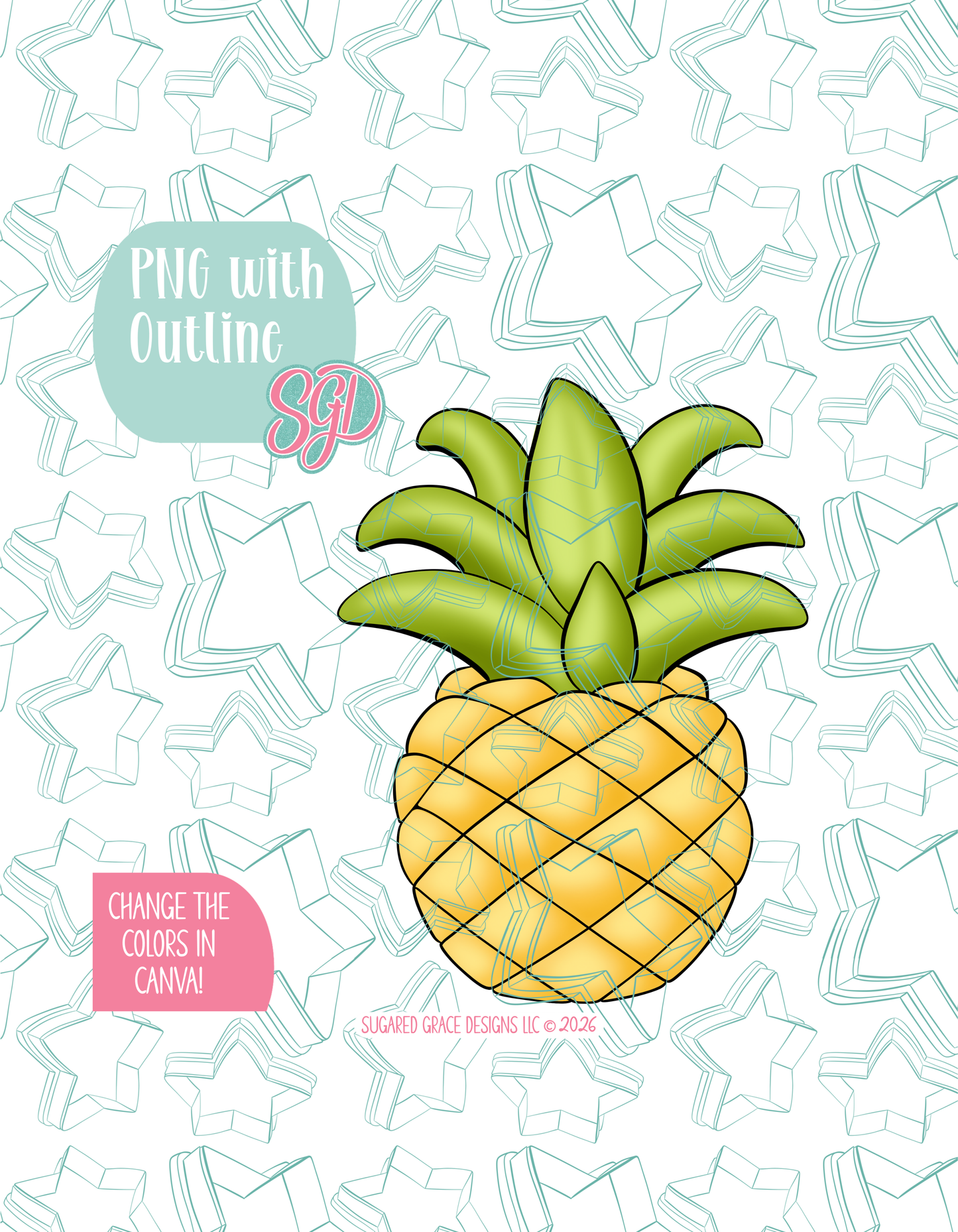 Full color illustrated Pineapple, shown with a black outline on a background watermarked with Sugared Grace Designs’ teal star pattern