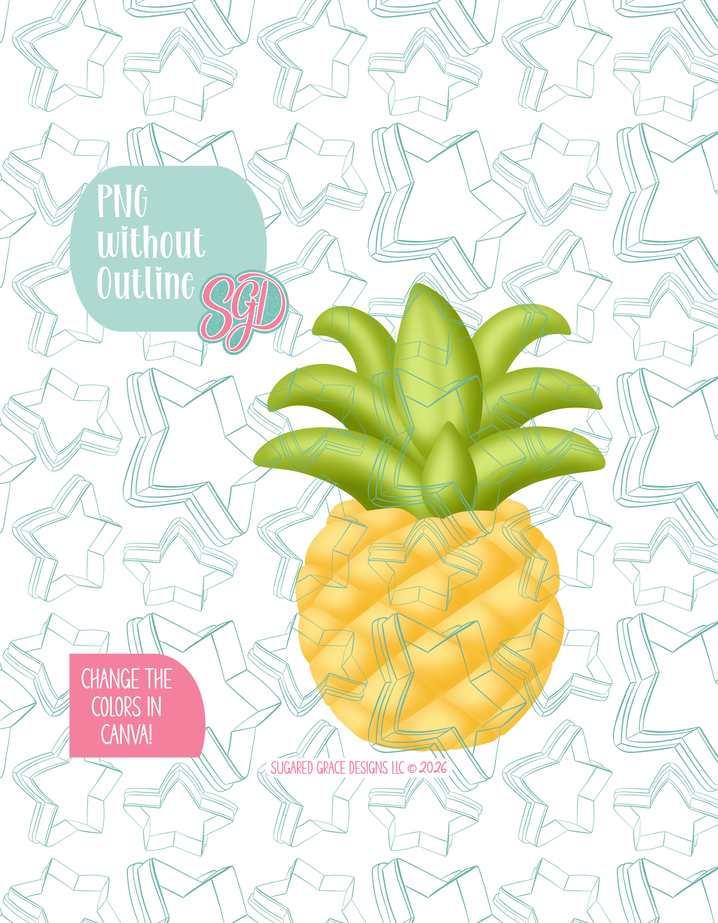 Full color version of the illustrated Pineapple, shown without black outlines on a background watermarked with Sugared Grace Designs’ tag star pattern
