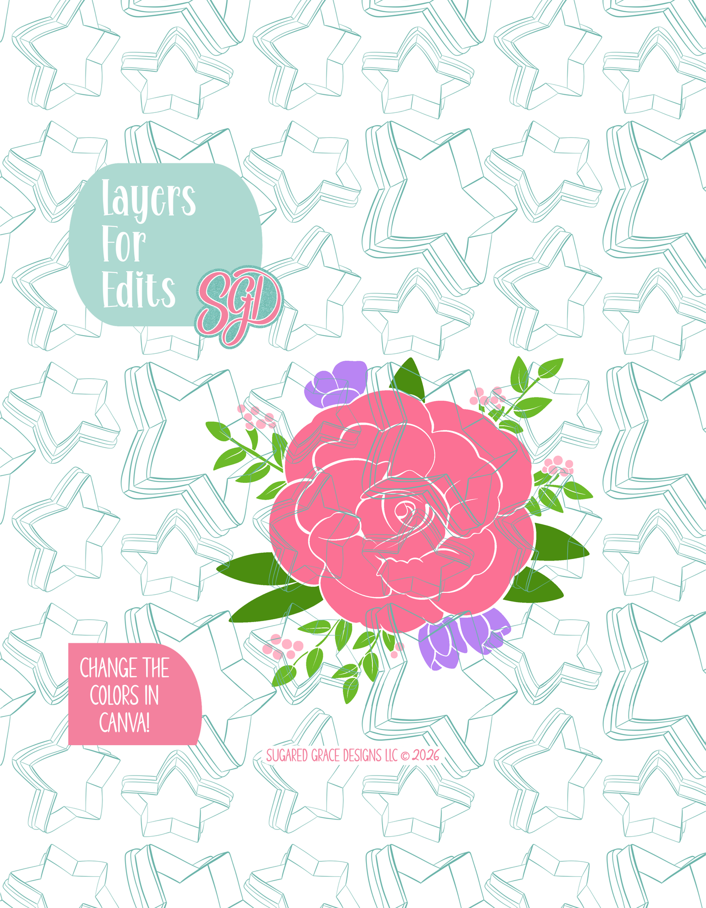 Colored layer breakdown of the pink floral rose showing each section in a different color, with every color representing a separate editable layer in Canva. Displayed on a background watermarked with Sugared Grace Designs’ teal star pattern