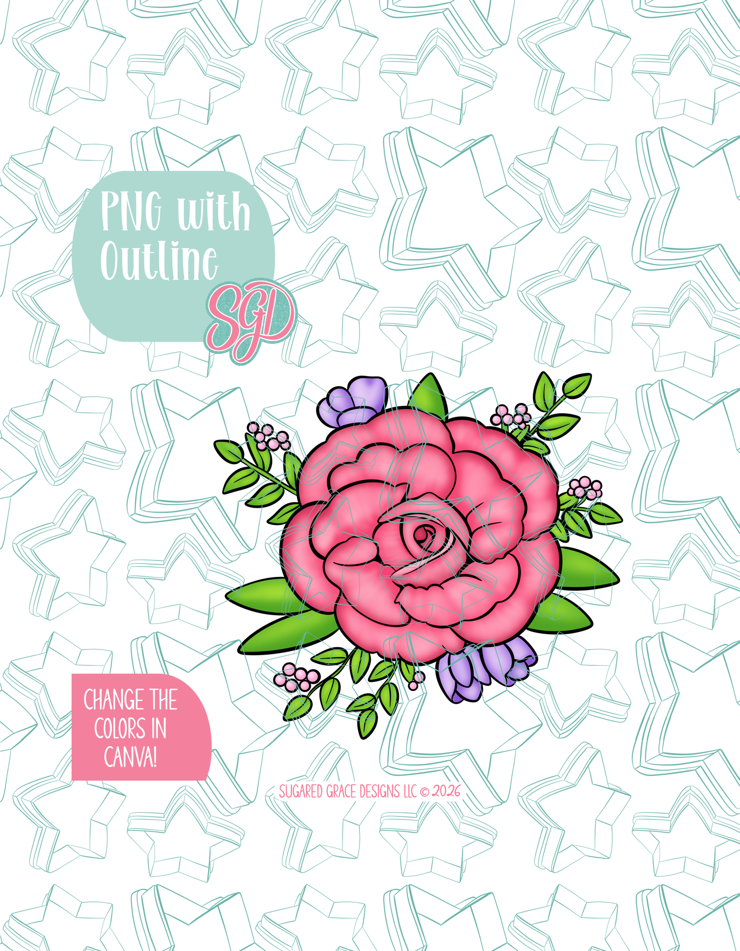 Full color illustrated pink floral rose, shown with a black outline on a background watermarked with Sugared Grace Designs’ teal star pattern
