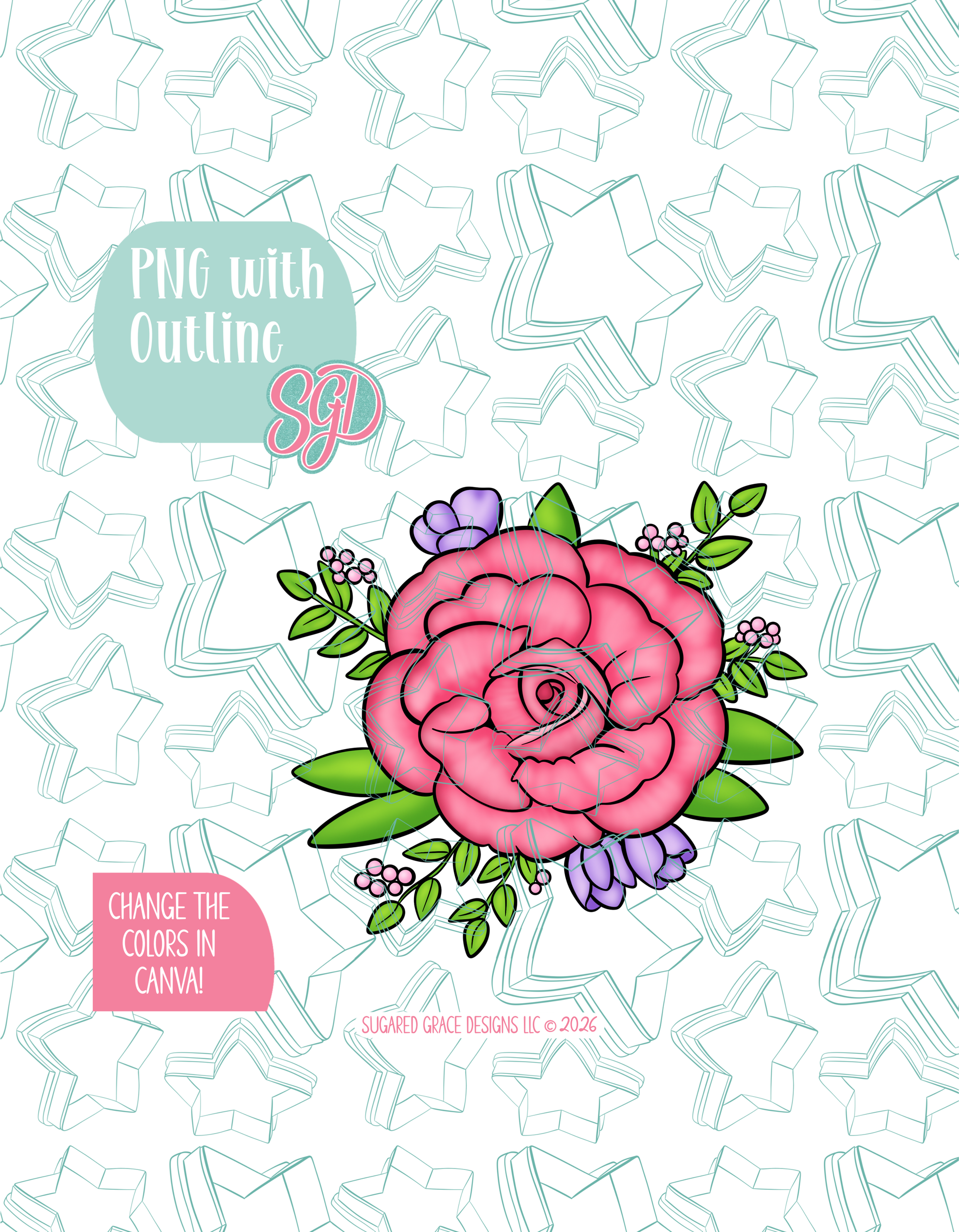 Full color illustrated pink floral rose, shown with a black outline on a background watermarked with Sugared Grace Designs’ teal star pattern