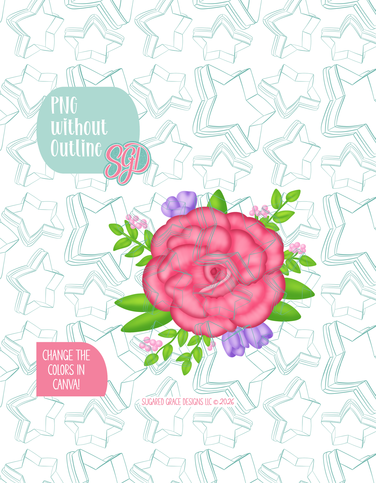 Full color version of the illustrated pink floral rose, shown without black outlines on a background watermarked with Sugared Grace Designs’ tag star pattern