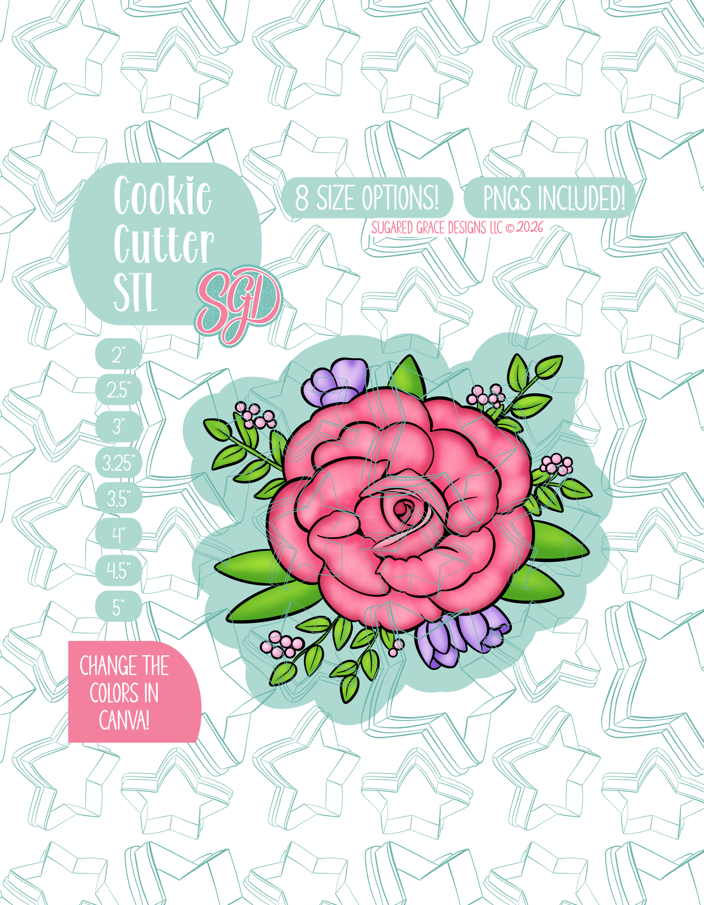 Illustrated pink floral rose, displayed on a background watermarked with a teal star pattern representing Sugared Grace Design’s brand. Text explains that the listing includes a pink floral rose STL cookie cutter in multiple sizes plus editable PNG files.