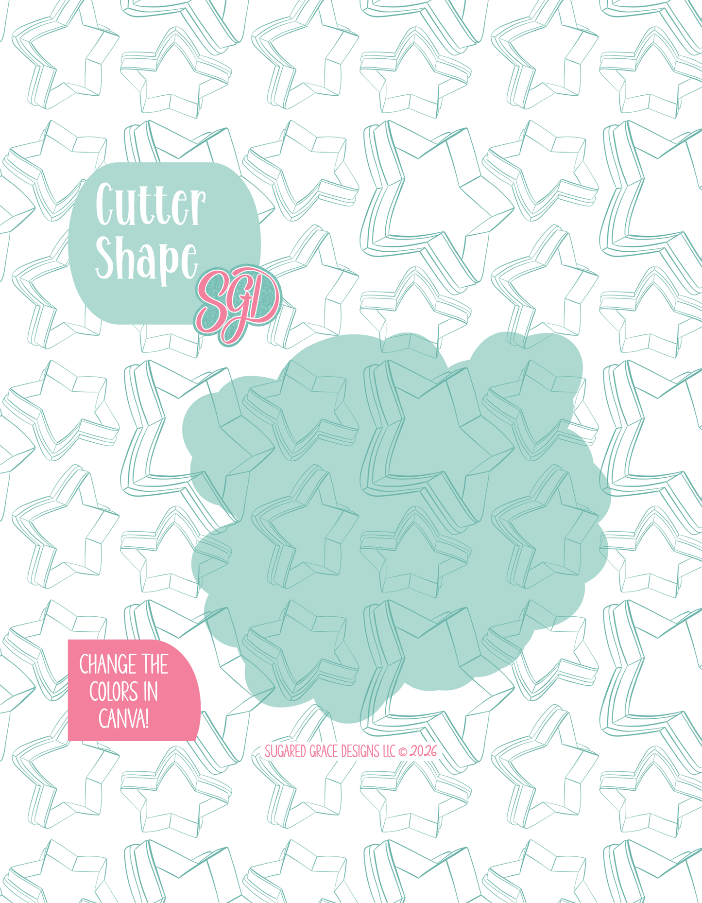 Solid teal silhouette showing the exact outer shape of the pink floral rose cookie cutter, displayed on a background watermarked with Sugared Grace Design’s teal star pattern