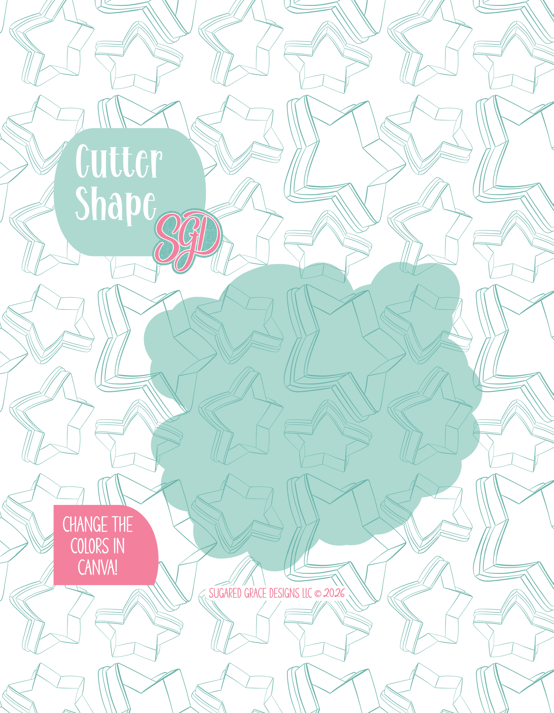 Solid teal silhouette showing the exact outer shape of the pink floral rose cookie cutter, displayed on a background watermarked with Sugared Grace Design’s teal star pattern