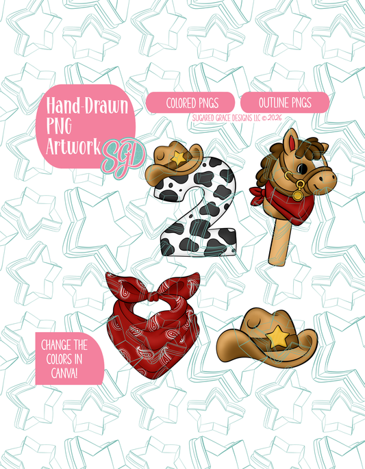 Rootin Twotin Birthday PNG Set of 4 Designs for Edible Ink Printers - Hand Drawn Editable Graphics (Digital Download)