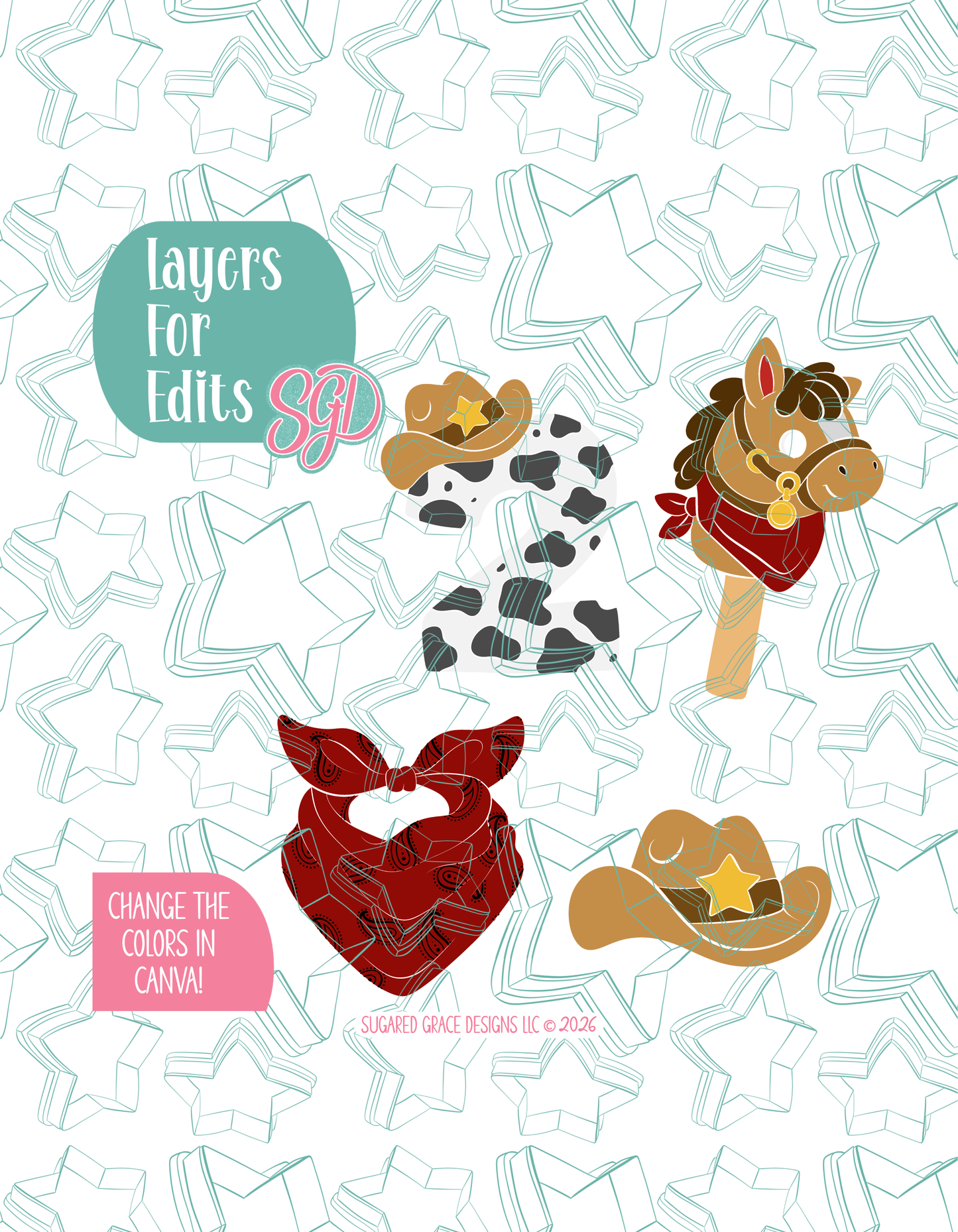 Rootin Twotin Birthday Cookie Cutter set with matching PNG - Set of 4 Designs